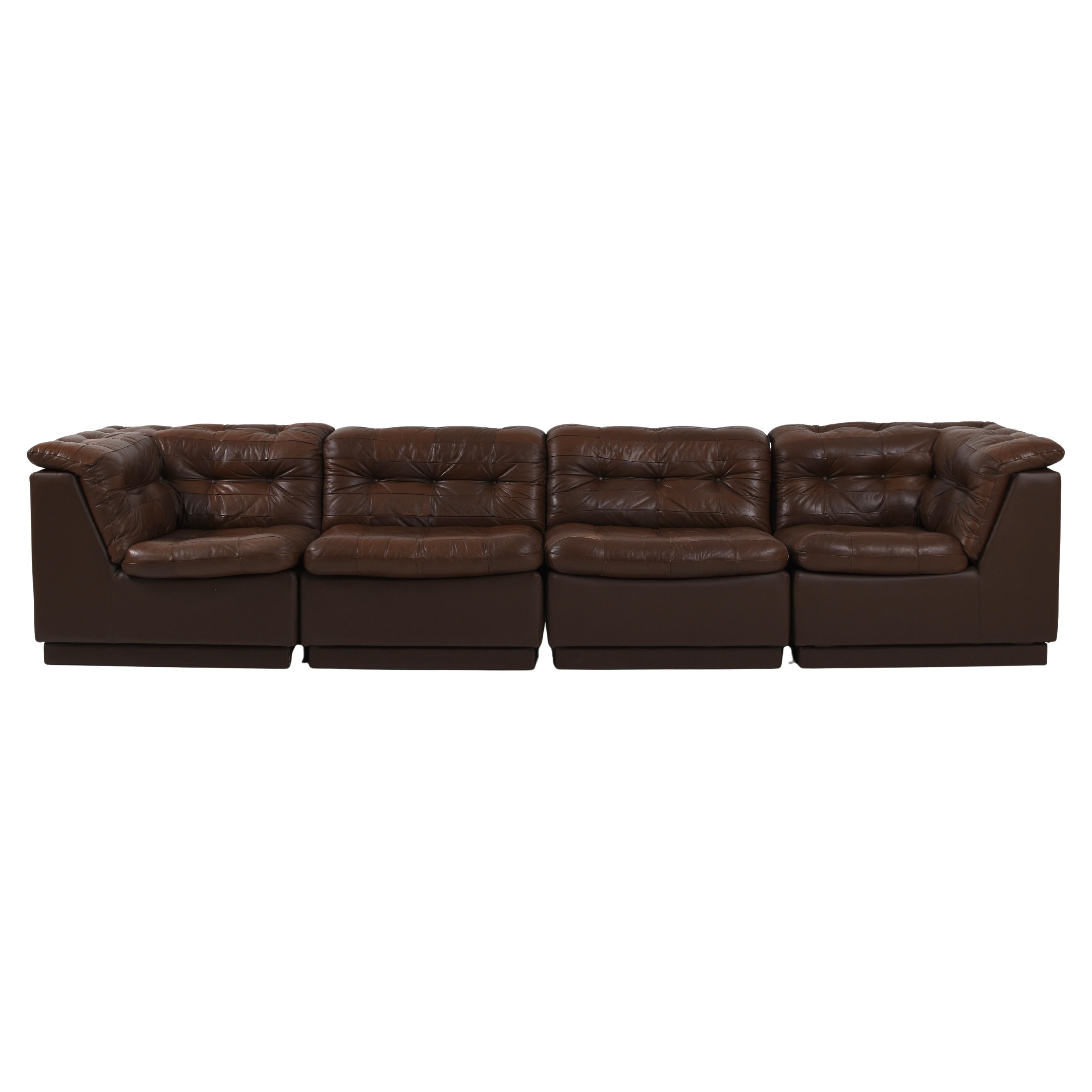Vintage Swedish Modular Brown Leather Sectional Sofa, 1970s