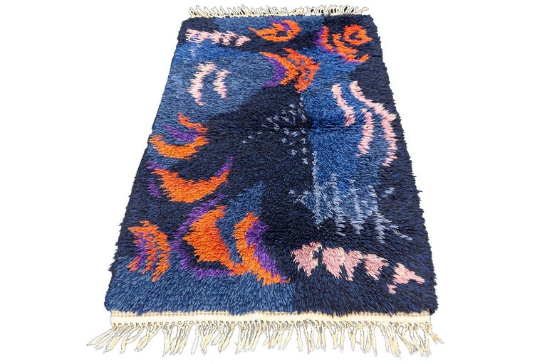 Hand-Knotted Vintage Swedish Multi-Color Dark Blue Small Wool Rya Rug, 1950-1970 For Sale