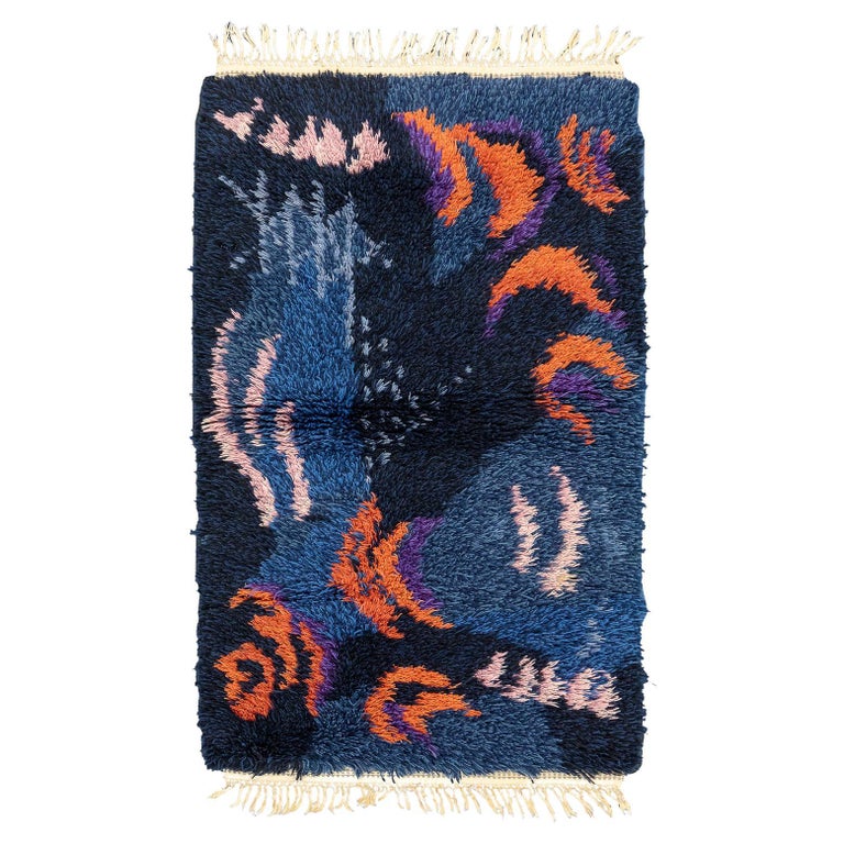 Vintage Swedish Multi-Color Dark Blue Small Wool Rya Rug, 1950-1970 For Sale