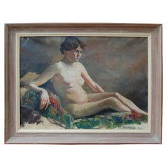 Vintage Female Nude Oil Painting by Helge Frender c. 1936