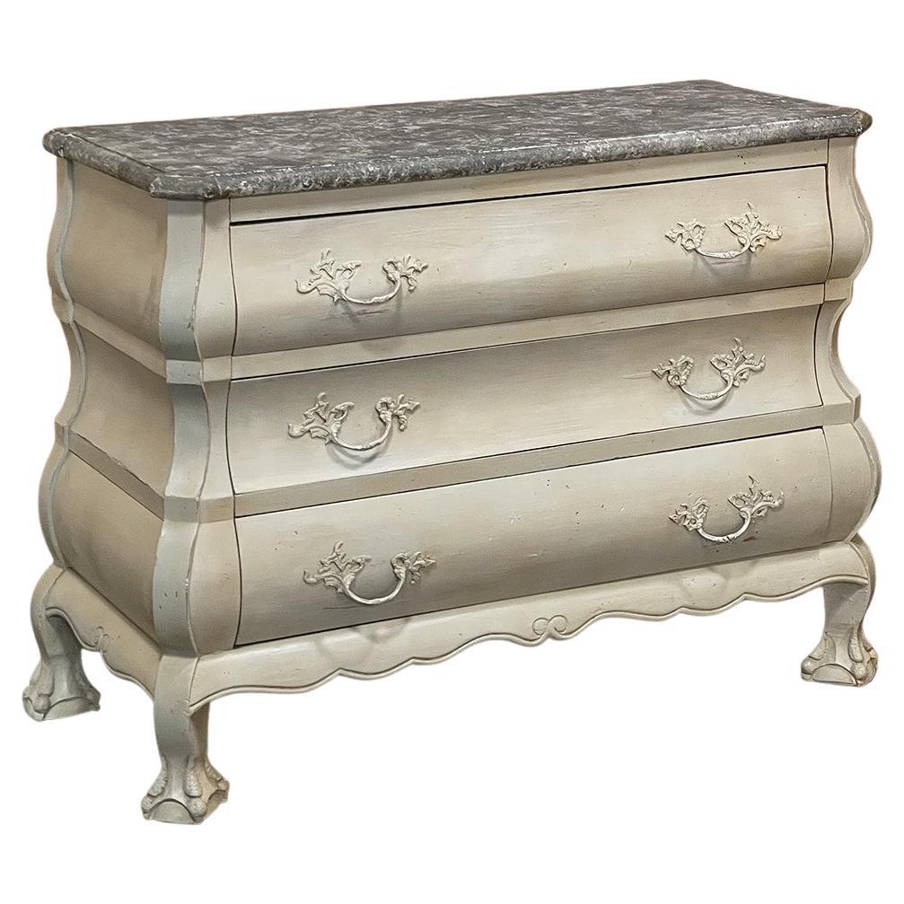 Vintage Swedish painted bombe commode with faux marble top is a wonderful example of meticulous craftsmanship combined with an artistic hand-painted finish! From the four talon and ball feet up along the boldly contoured casework to the faux marble