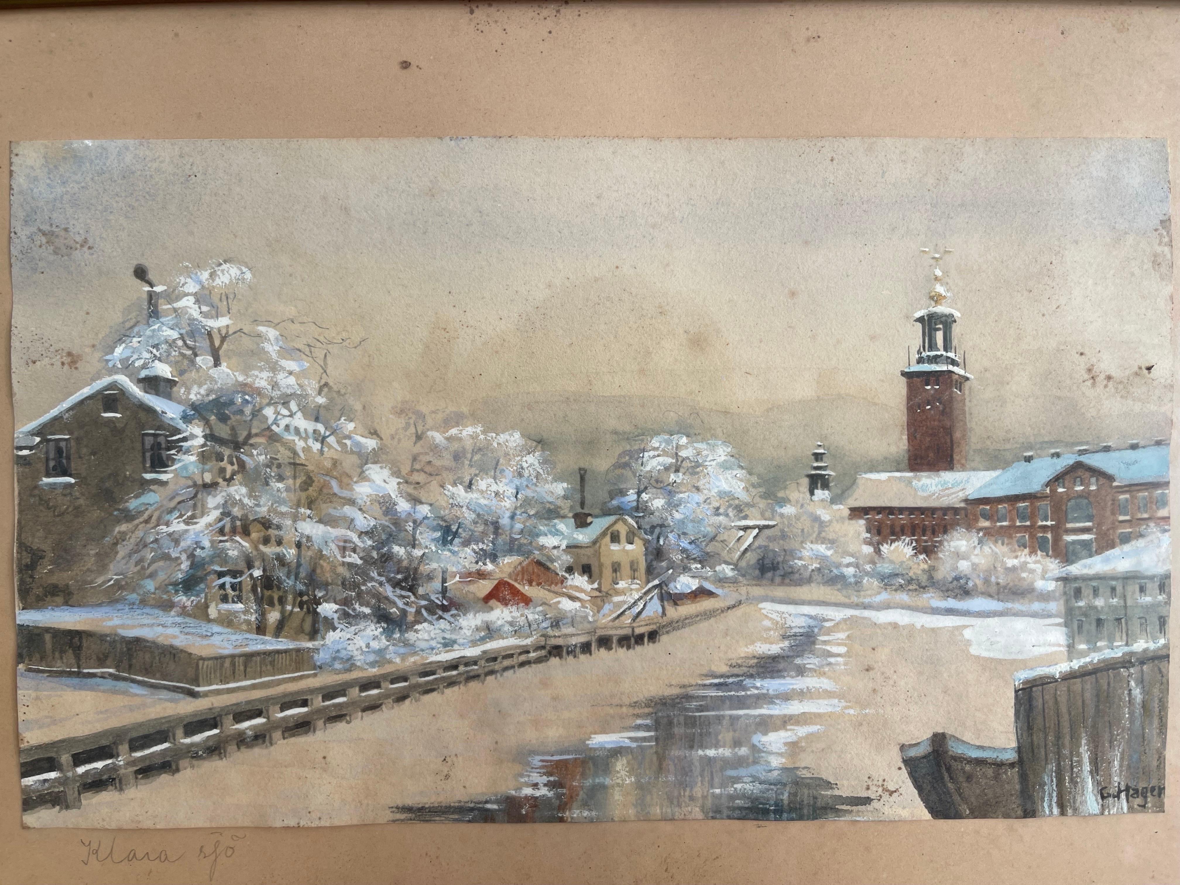 Cette aquarelle suédoise de Klara sjö, un canal du centre de Stockholm, probablement une aquarelle sur papier des années 1920/30, œuvre d'art de G ou C Hagen, artiste inconnu, offre une belle scène de berge hivernale, avec des tons bruns et neigeux