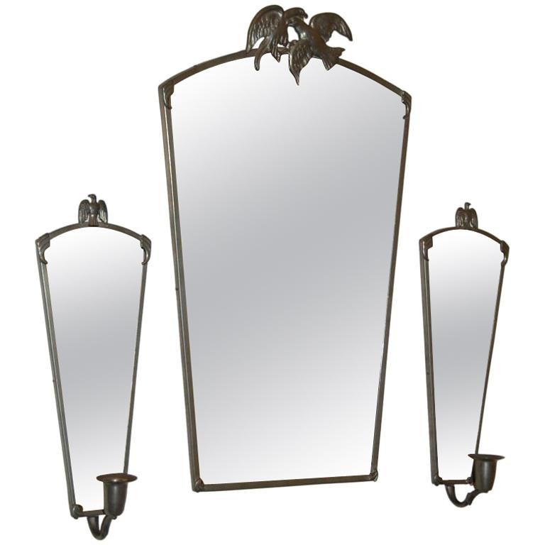 Vintage Swedish Pewter Eagle Mirror and Sconces by Svenskt Tenn