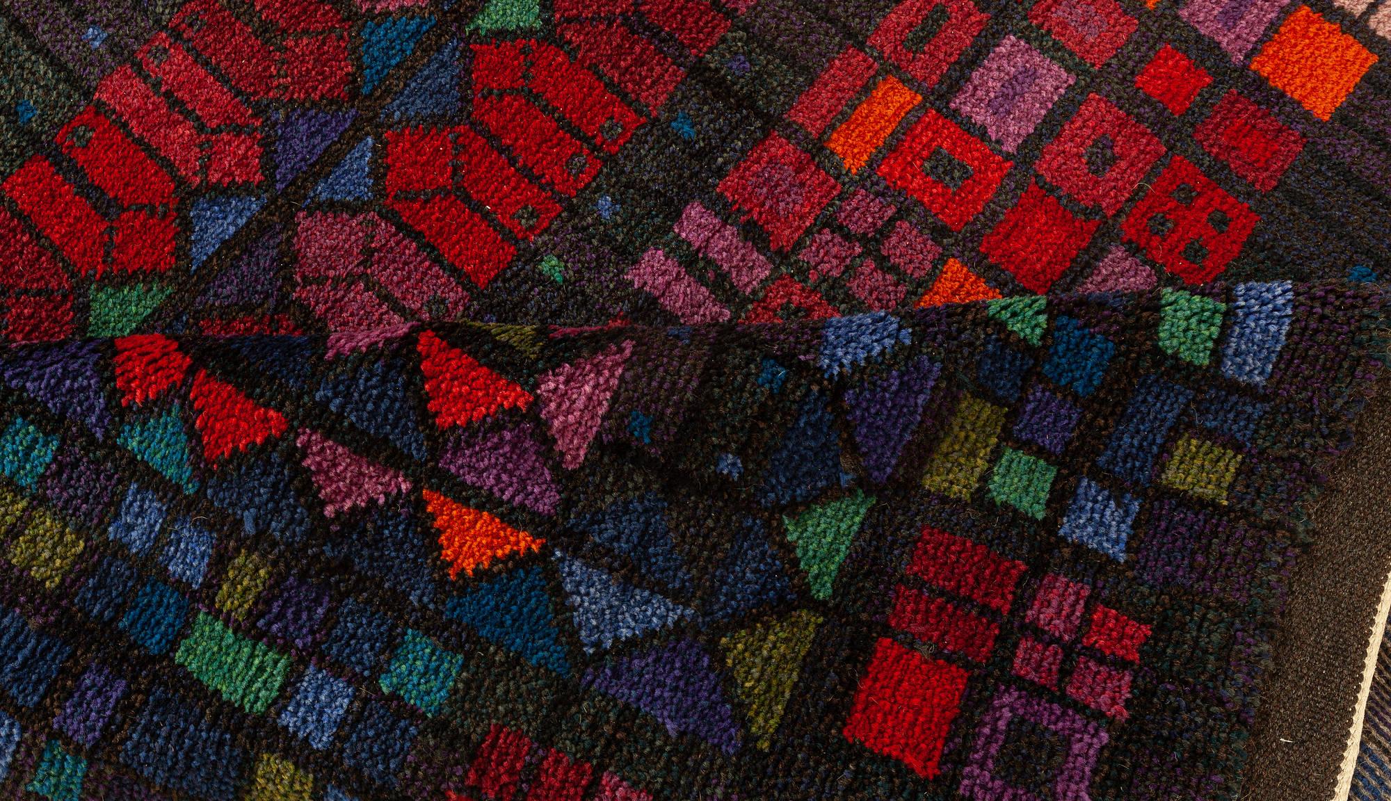 Vintage Swedish blue, green, orange, purple, red pile rug by Kerstin Ekengren
Size: 7'7