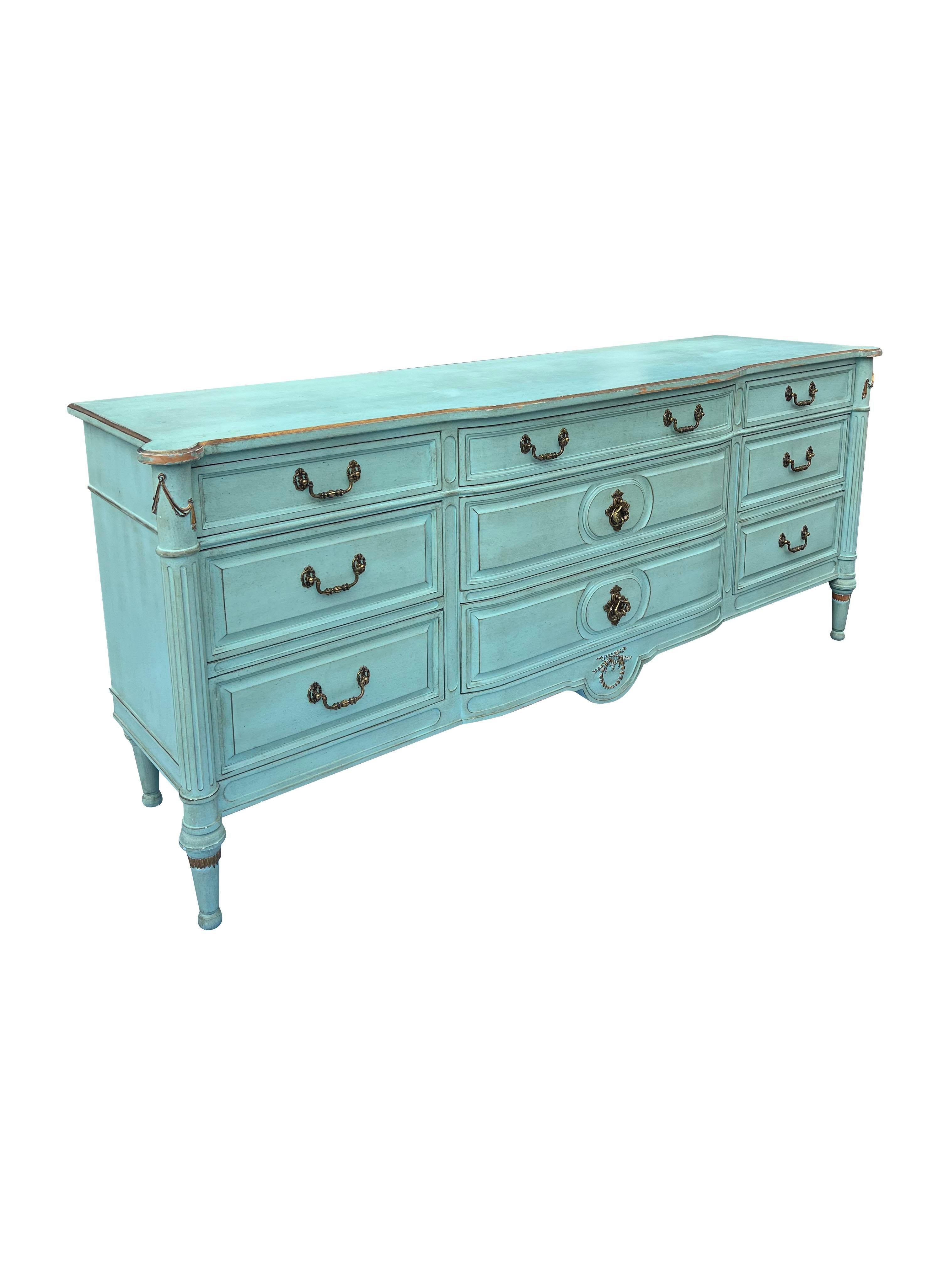 French Provincial Vintage Swedish Provincial Dresser in French Blue With Gold Hardware