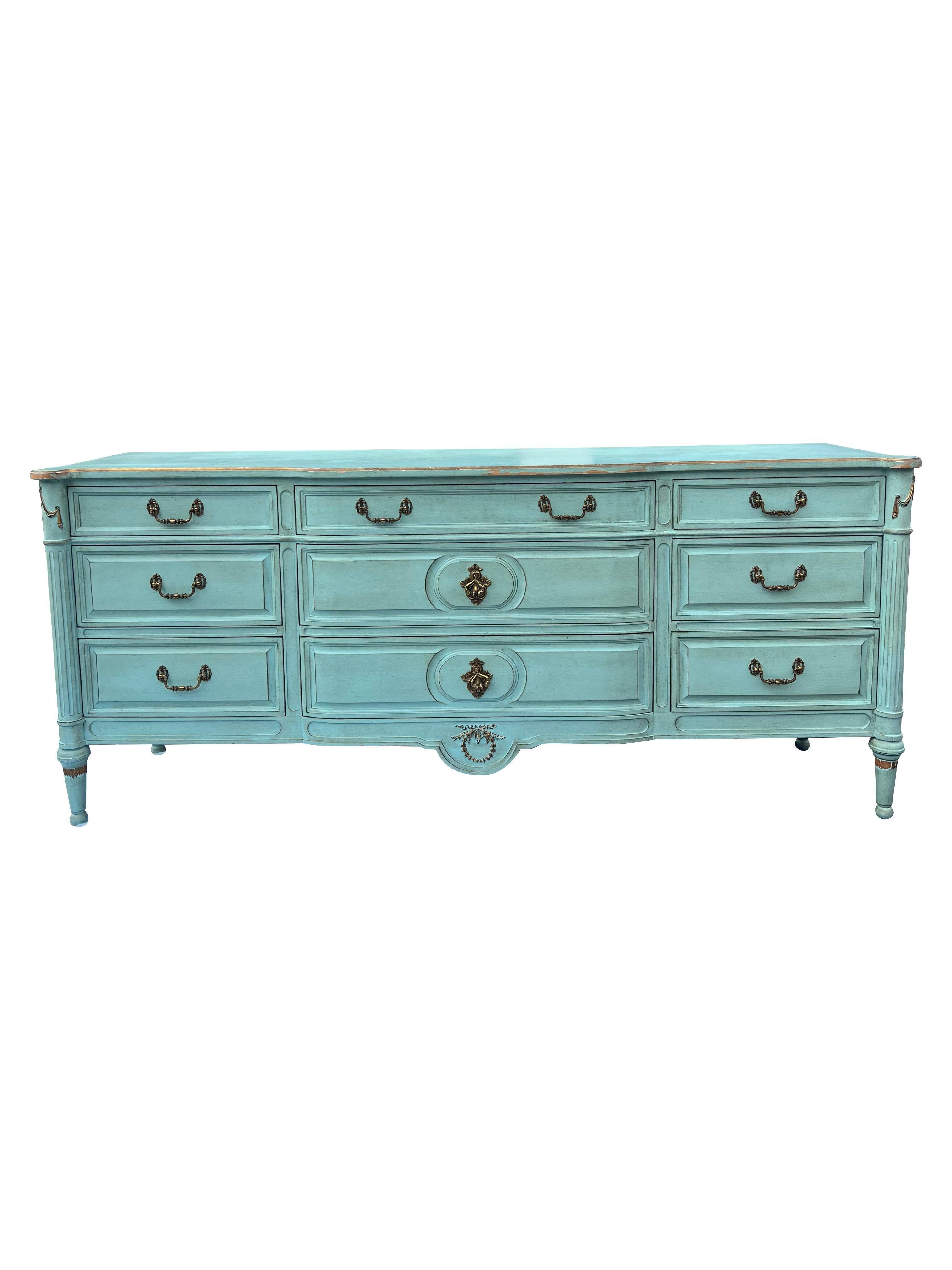 American Vintage Swedish Provincial Dresser in French Blue With Gold Hardware