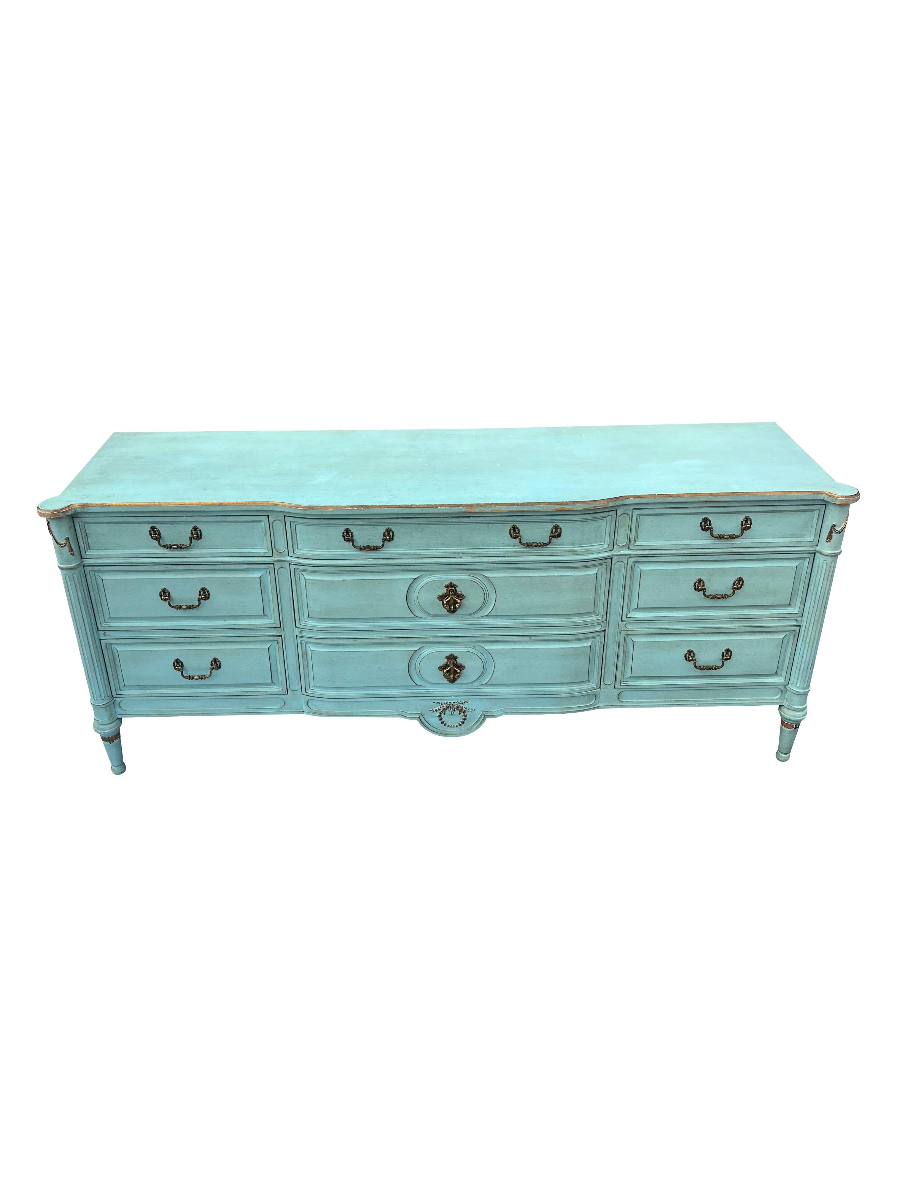 Vintage Swedish Provincial Dresser in French Blue With Gold Hardware In Good Condition In Saddle River, NJ