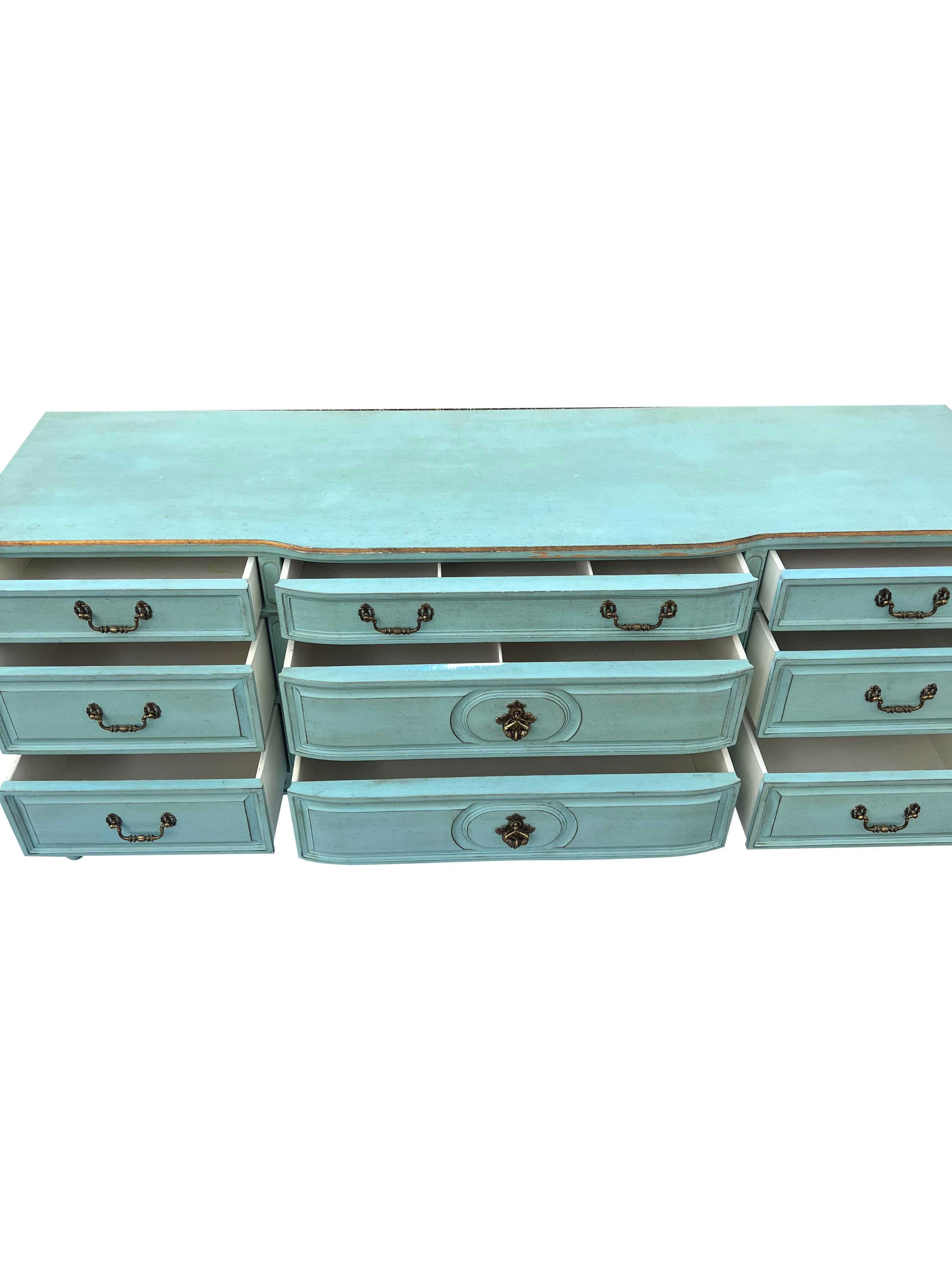 Mid-20th Century Vintage Swedish Provincial Dresser in French Blue With Gold Hardware