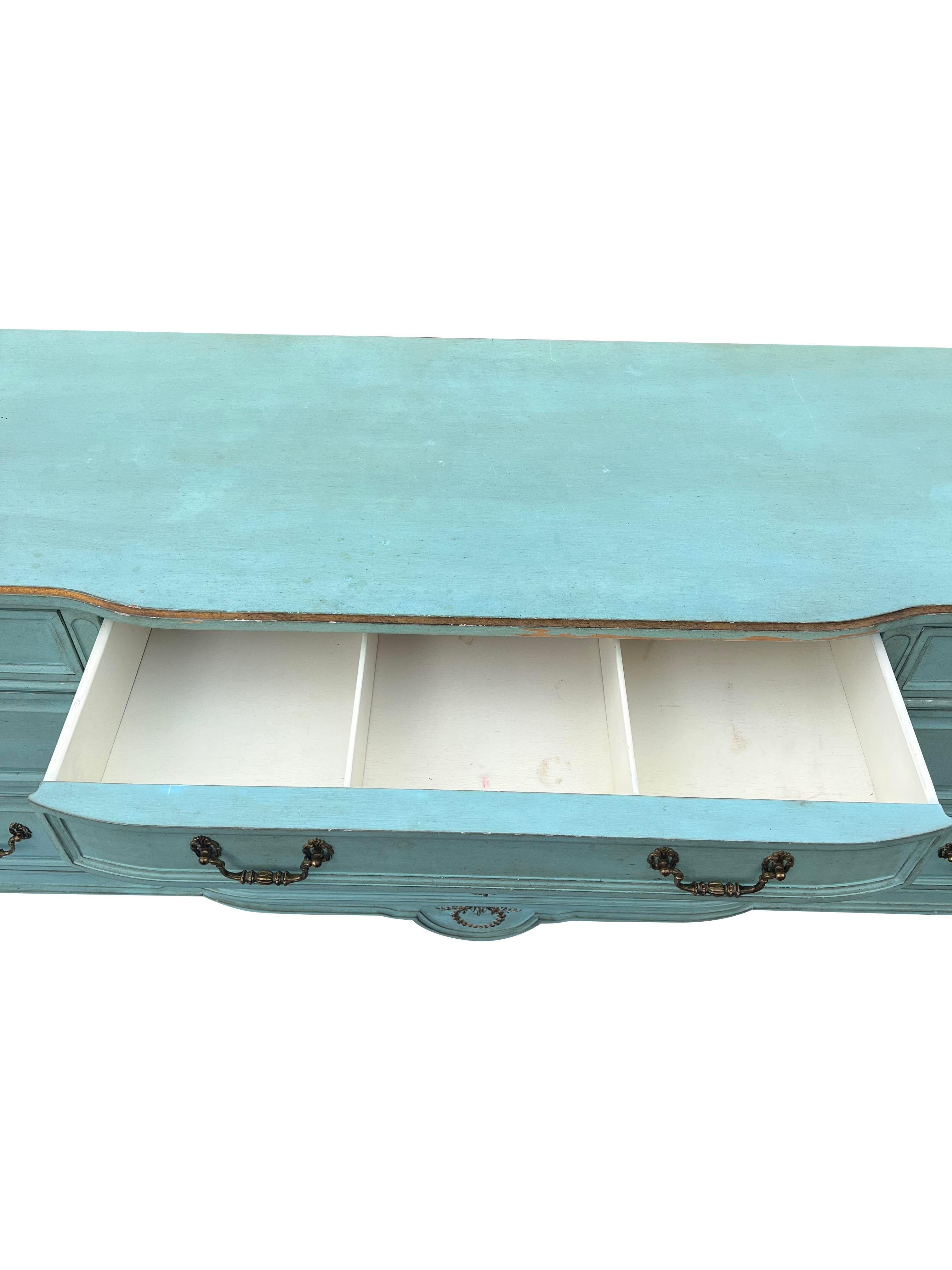 Wood Vintage Swedish Provincial Dresser in French Blue With Gold Hardware