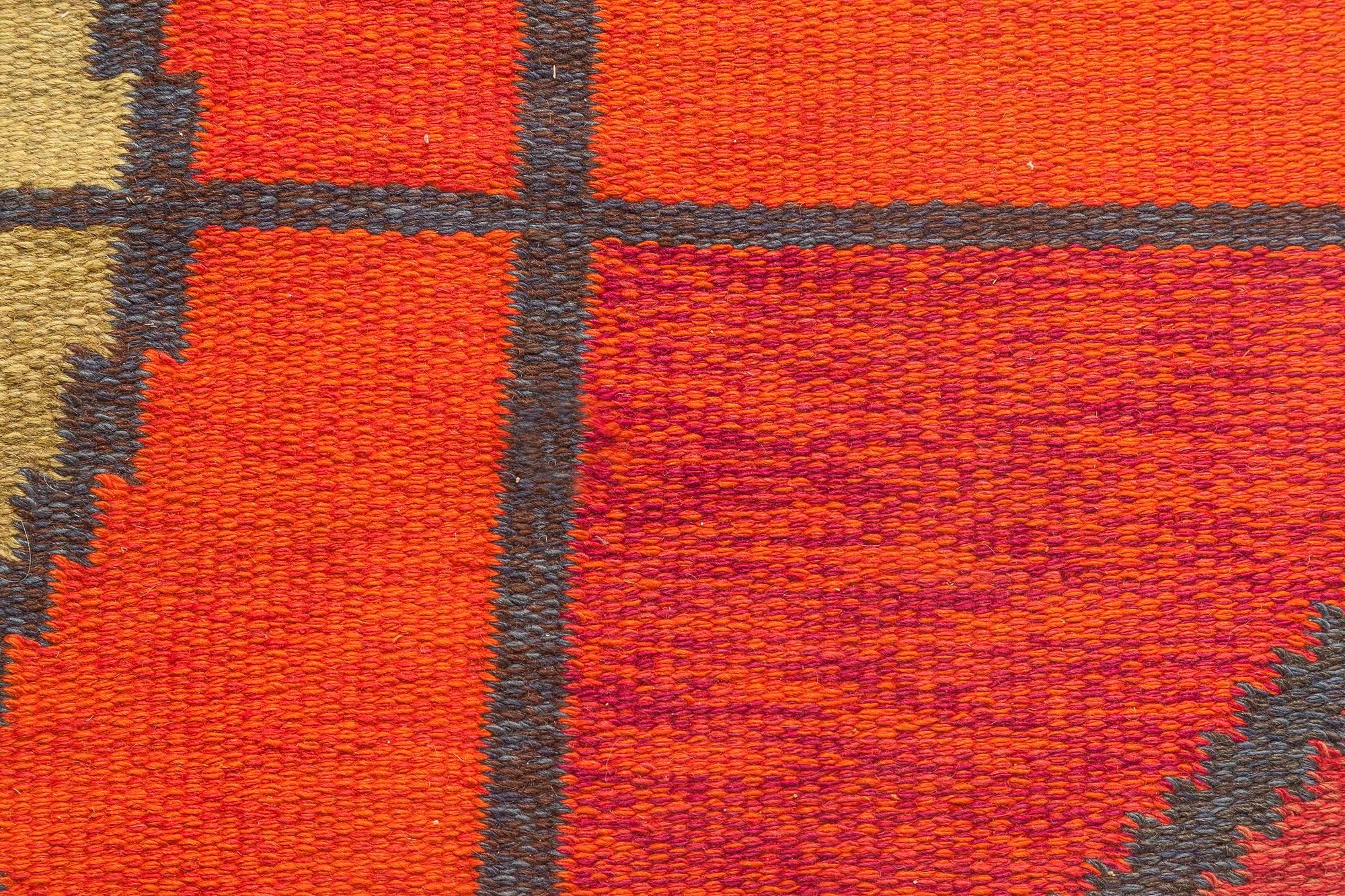 Vintage Swedish red diamond flat-Weave rug, Sverige Riolakan by Polly Bjorkm
Size: 5'4