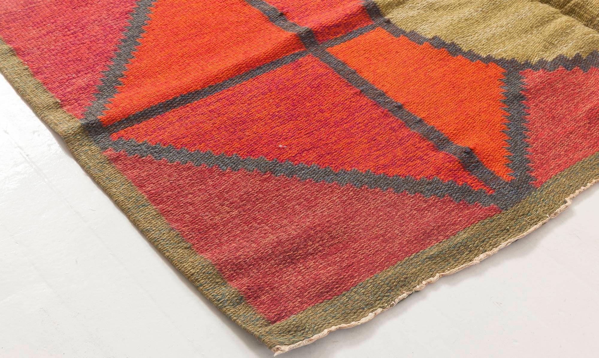Hand-Knotted Vintage Swedish Red Diamond Flat-Weave Rug, Sverige Riolakan by Polly Bjorkm For Sale