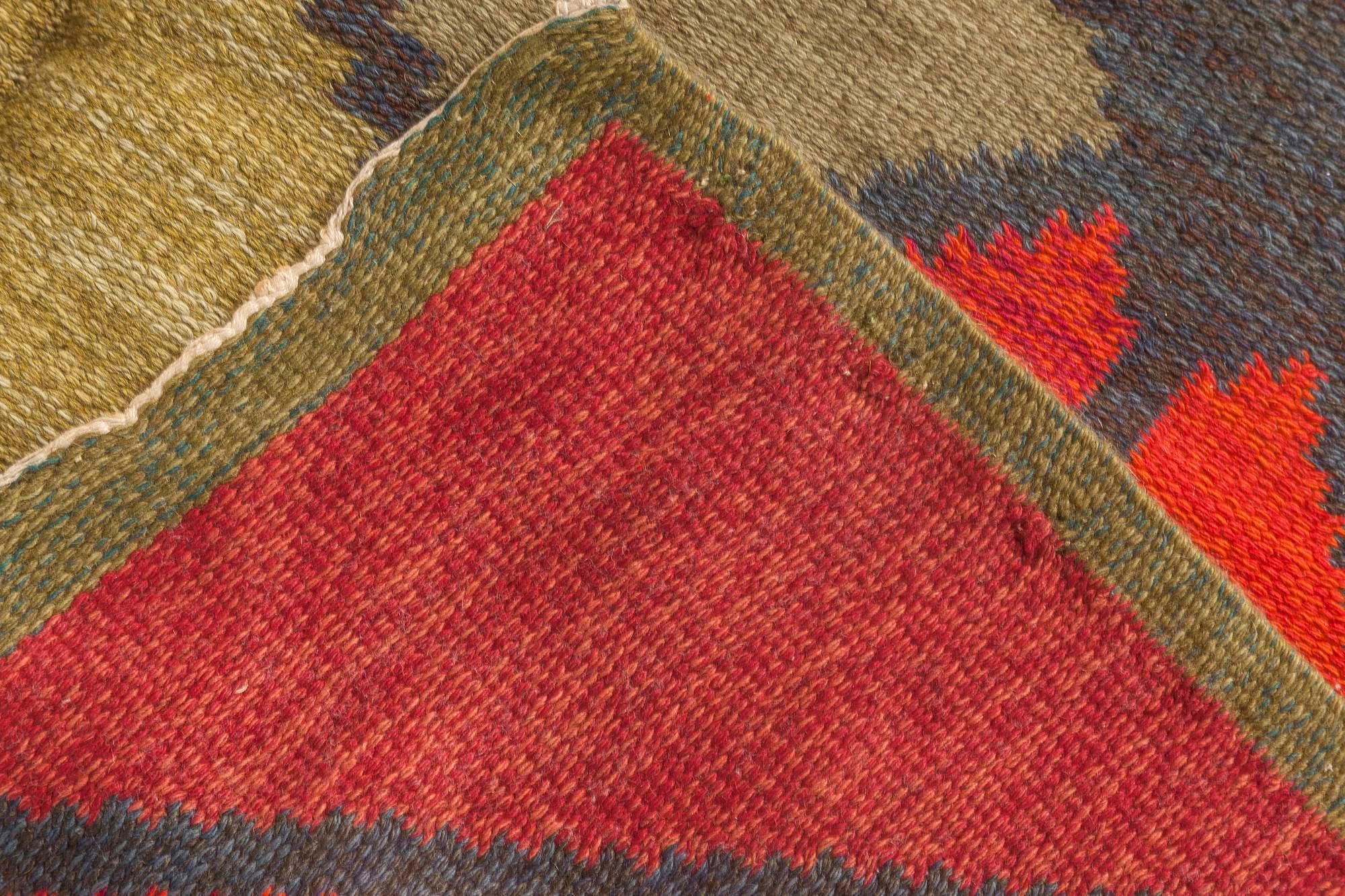 Vintage Swedish Red Diamond Flat-Weave Rug, Sverige Riolakan by Polly Bjorkm In Good Condition For Sale In New York, NY