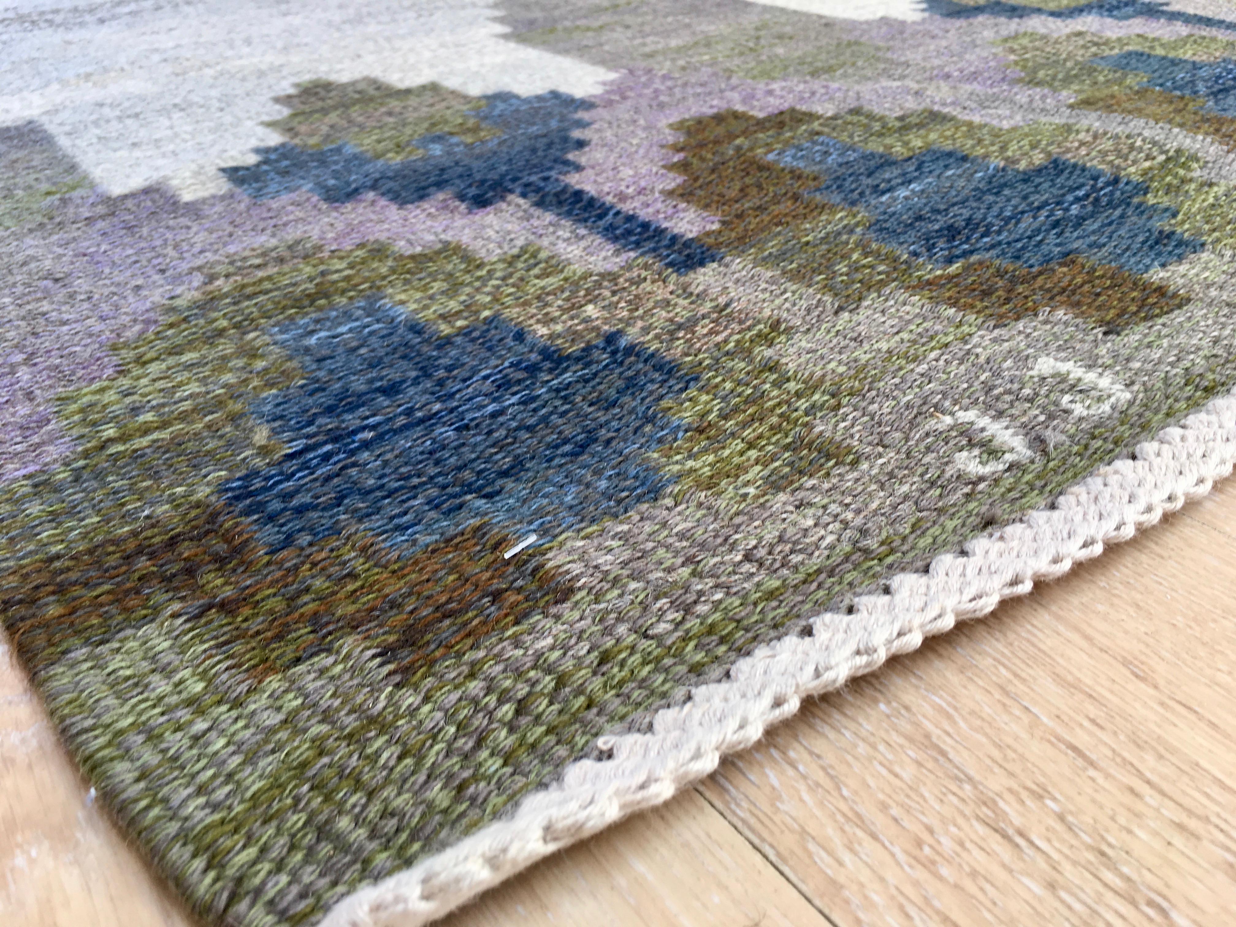 Wool Vintage Swedish rolakan flat weave rug Kelim by Judith Johansson `Norrviken` For Sale
