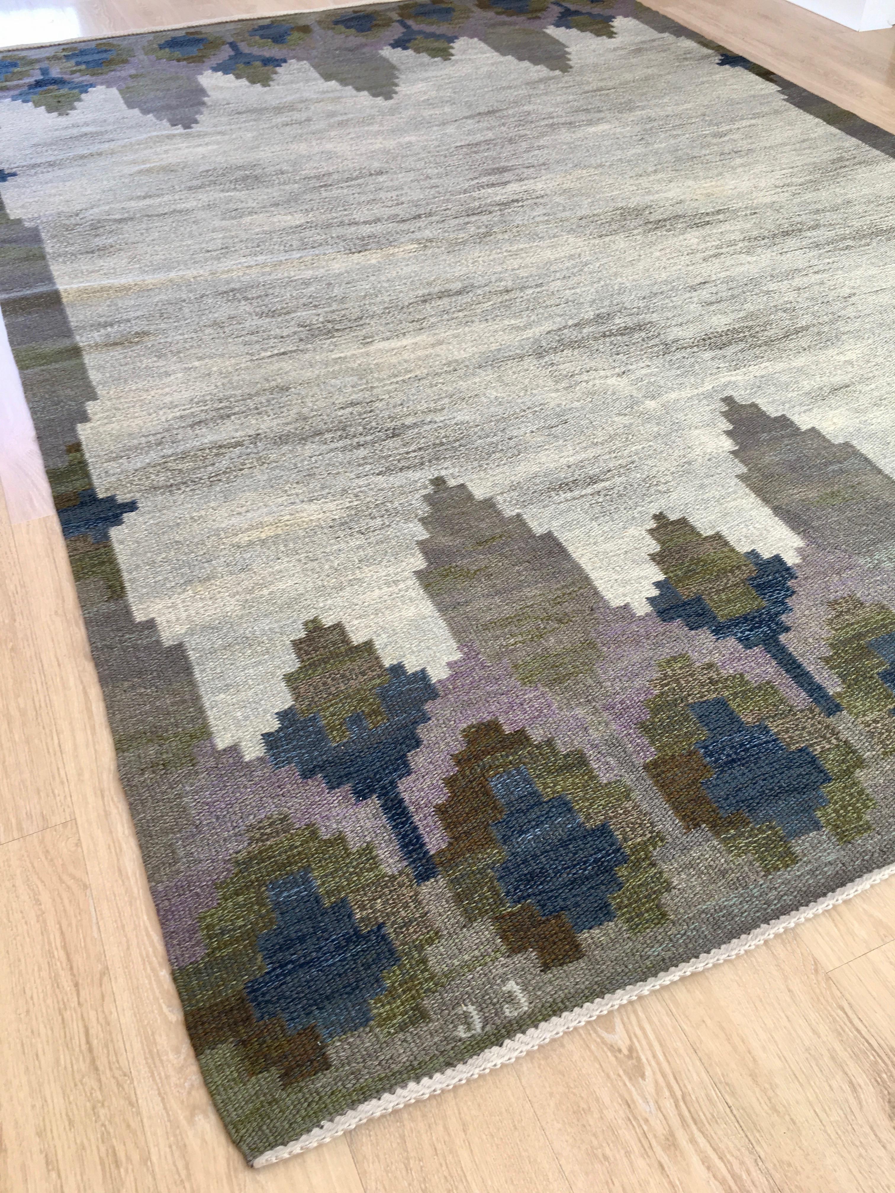 Vintage Swedish rolakan flat weave rug Kelim by Judith Johansson `Norrviken` For Sale 1