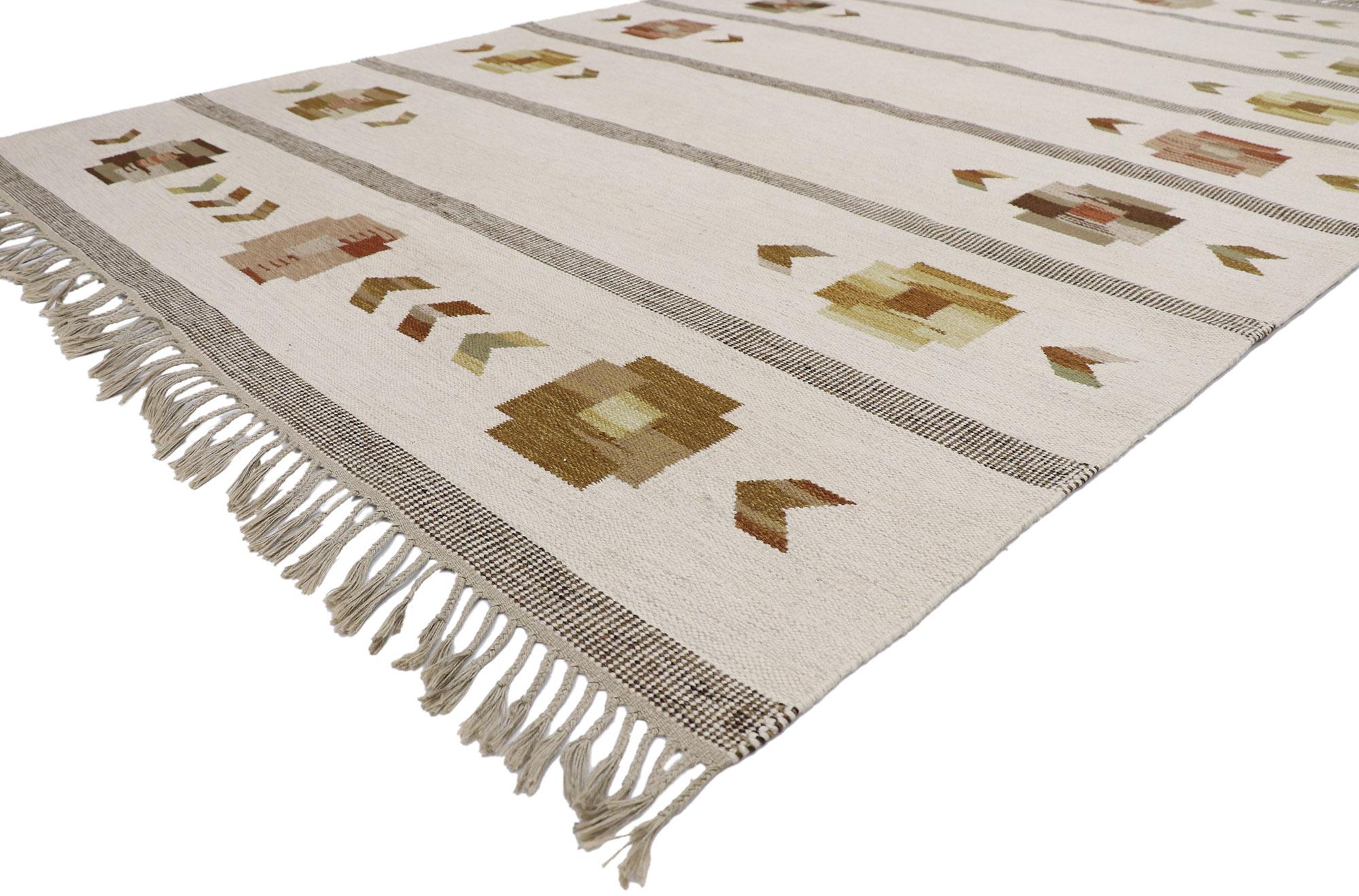78112 Vintage Swedish Rollakan Kilim rug with Scandinavian Modern Style 06'06 x 10'00. With its geometric design and bohemian hygge vibes, this hand-woven wool Swedish Kilim rug beautifully embodies the simplicity of Scandinavian modern style. The