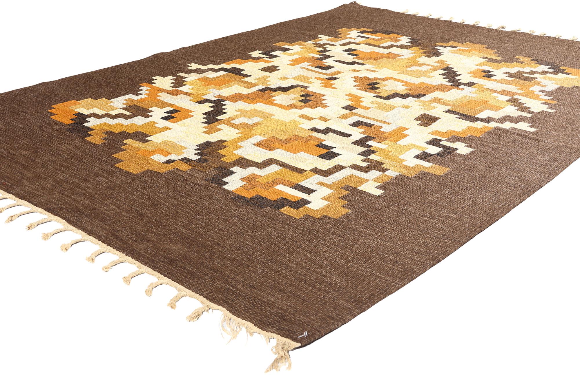 78249 Erik Lundberg Vintage Swedish Kilim Rollakan Rug, 05'06 x 08'00. Erik Lundberg, a Swedish weaver behind the firm Vavaregarden, which translates to Weavers Farm, employed local weavers in Malmo during the 1960s to produce hand-woven flat-weave