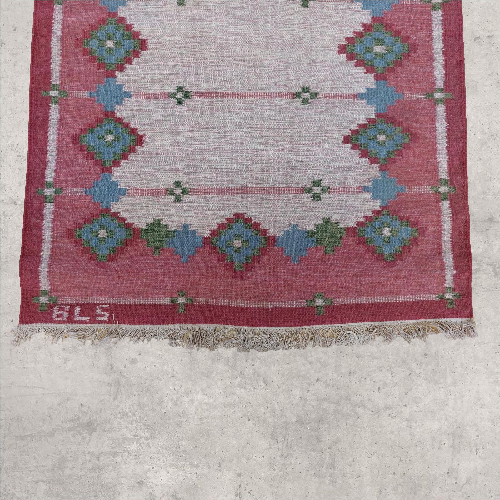 Hand-Woven Vintage Swedish Rollakan Rug with Scandinavian Modern Style Signed BLS For Sale