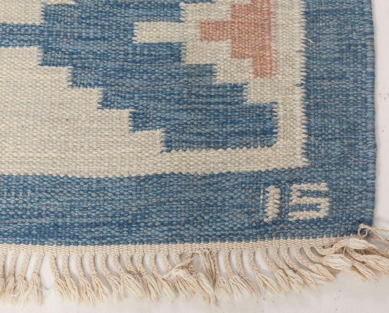 Hand-Woven Vintage Swedish Rug by Ingegerd Silow, Woven Signature on Blue Border 'IS'