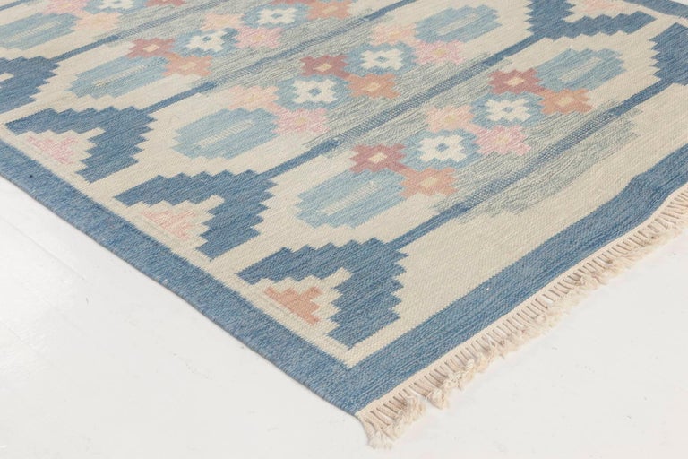 Vintage Swedish Rug by Ingegerd Silow, Woven Signature on Blue Border 'IS' In Good Condition In New York, NY