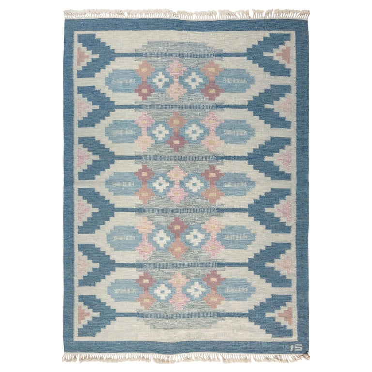 Vintage Swedish Rug by Ingegerd Silow, Woven Signature on Blue Border 'IS'