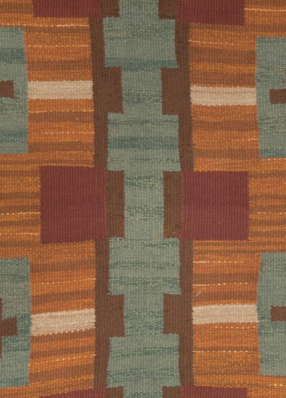 Vintage Swedish Brown & Burgundy, Beige & Green - Blue Wool Rug
Size: 10'7