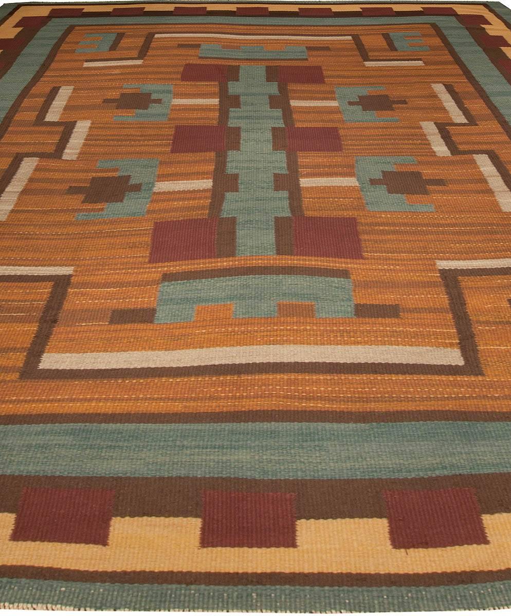 Vintage Swedish Brown & Burgundy, Beige & Green - Blue Wool Rug In Good Condition In New York, NY