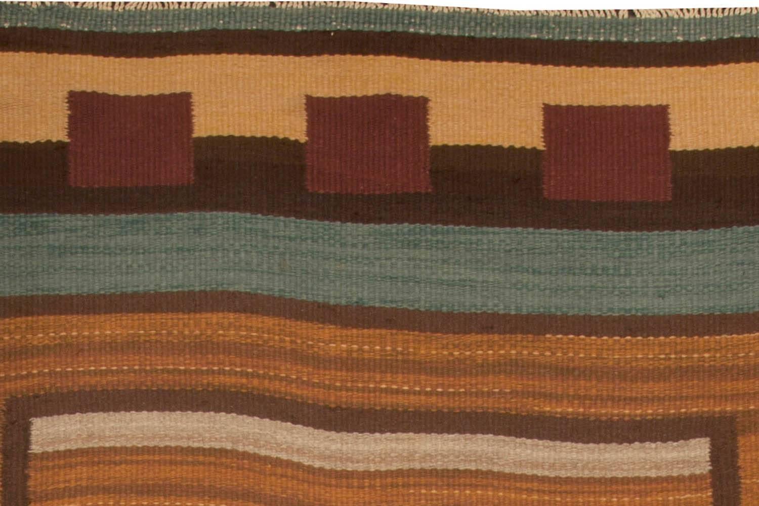 20th Century Vintage Swedish Brown & Burgundy, Beige & Green - Blue Wool Rug