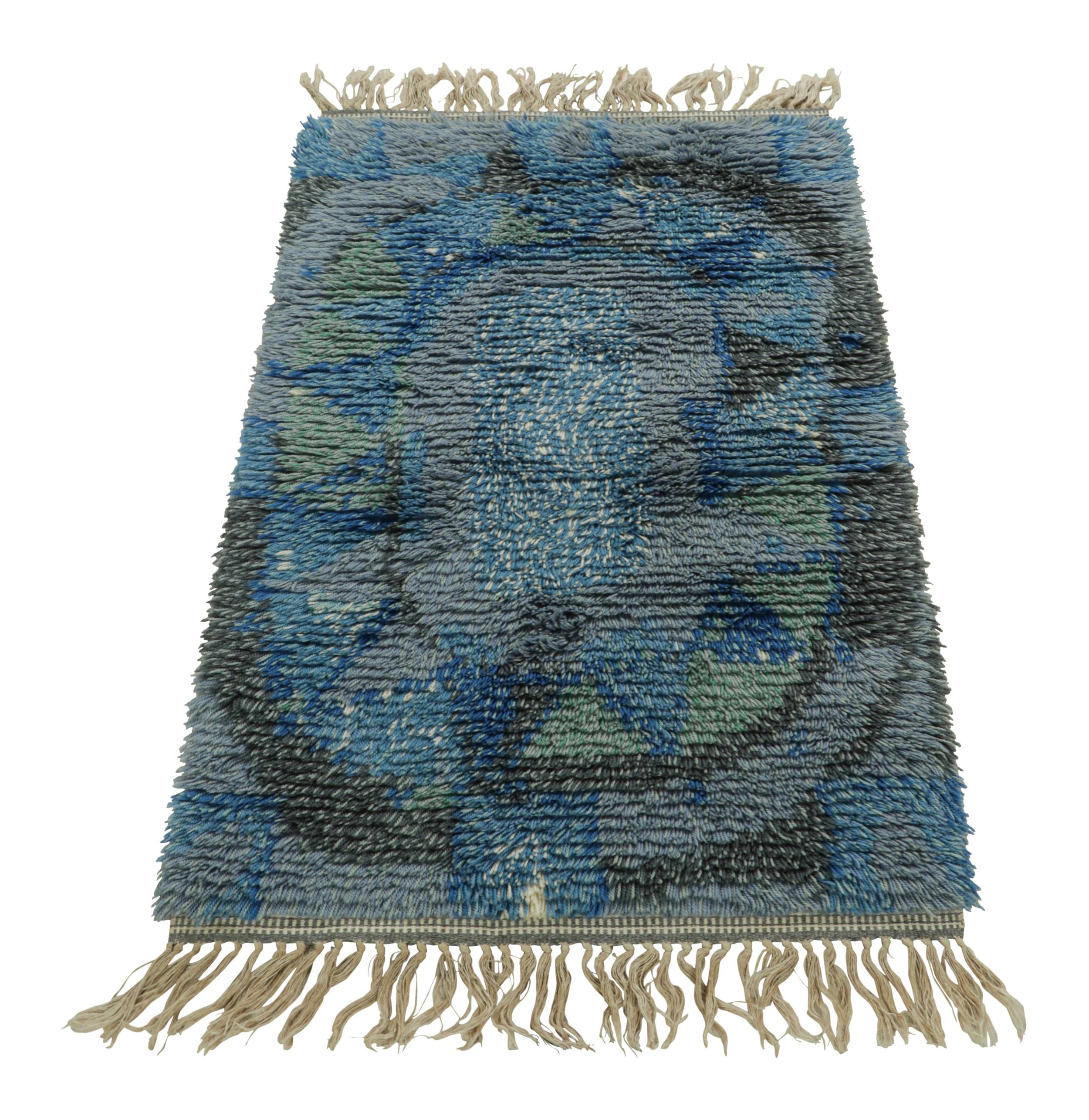 Mid-20th Century Vintage Swedish Rug In Blue and Gray with Geometric Pattern  Rug & Kilim For Sale
