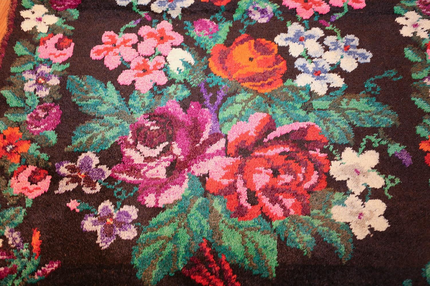 Hand-Knotted Bold Color Floral Blossom Design Vintage Swedish Floral Pile Rug 4'1