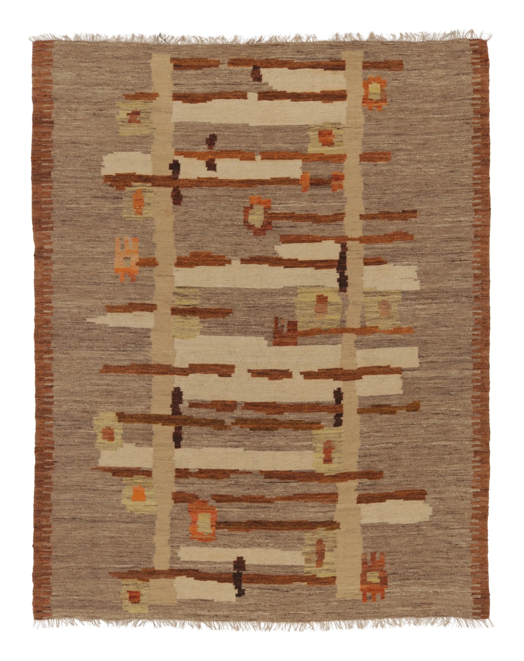 Vintage Swedish Rug with Geometric Design in Beige & Brown Tones - Rug & Kilim For Sale