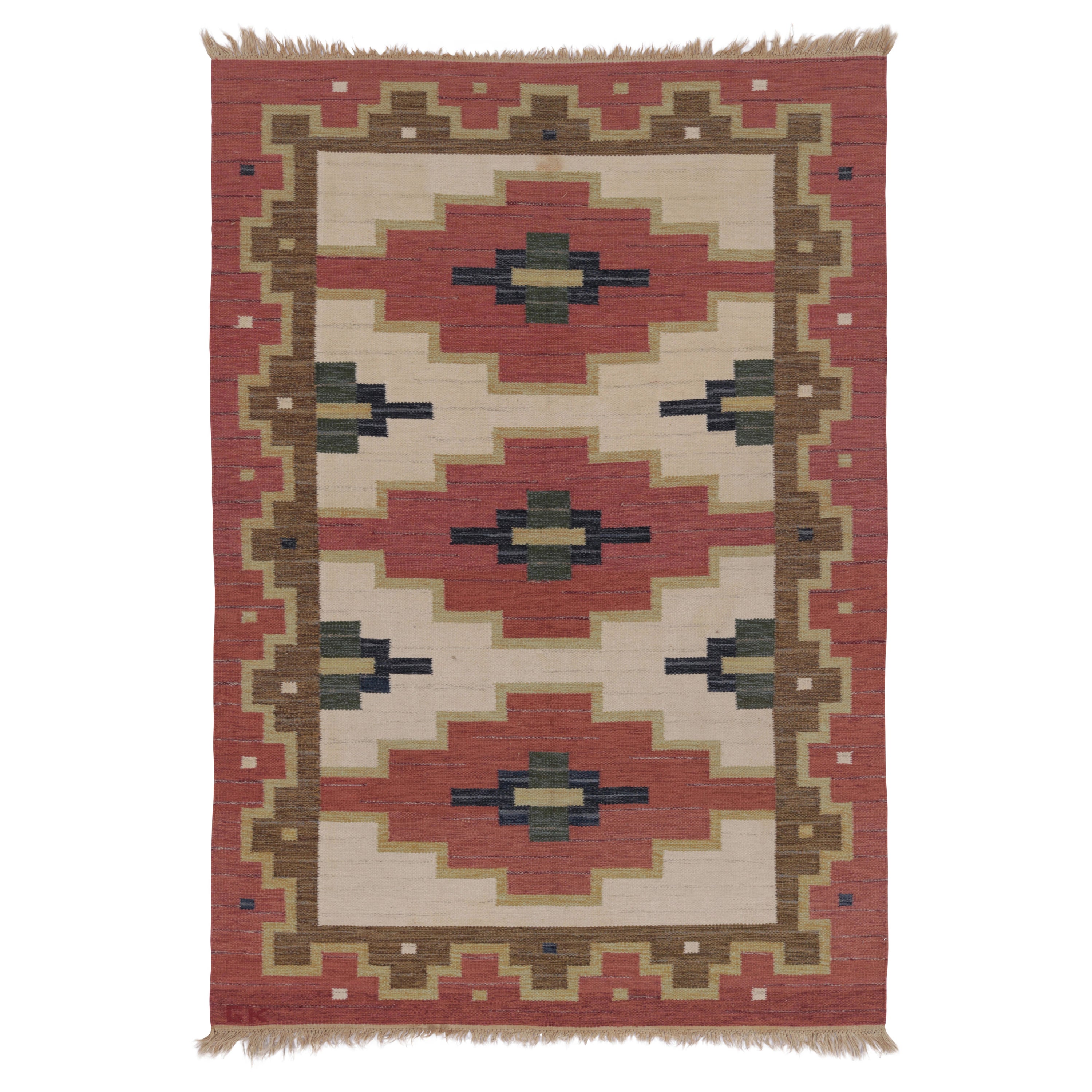 Vintage Swedish Rya Flatweave, Beige mit rotem geometrischen Medaillon - Rug 
Kilim im Angebot
