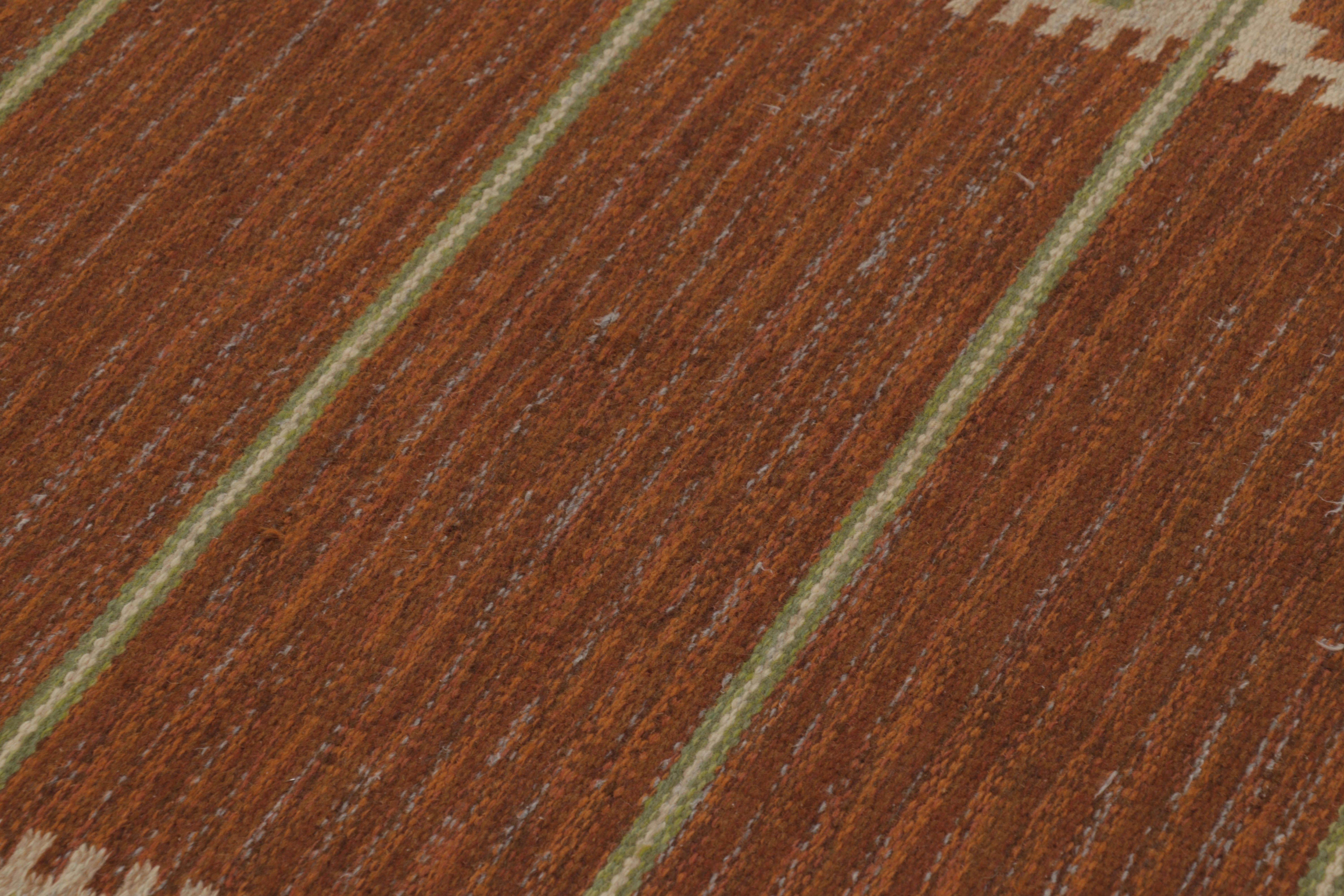 Mid-20th Century Vintage Swedish Rya Flatweave, Brown with Green Geometric Borders - Rug & Kilim For Sale
