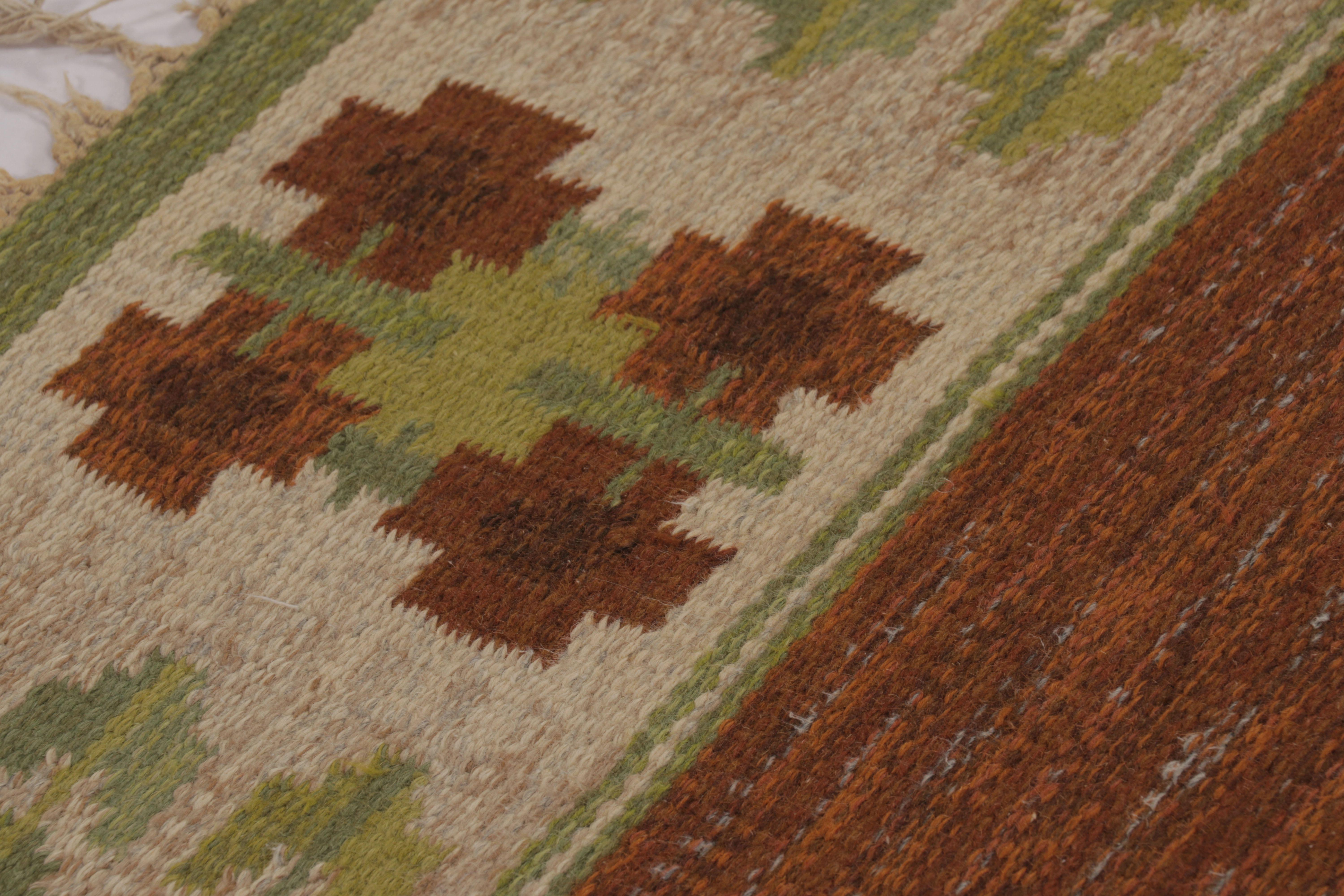 Wool Vintage Swedish Rya Flatweave, Brown with Green Geometric Borders - Rug & Kilim For Sale