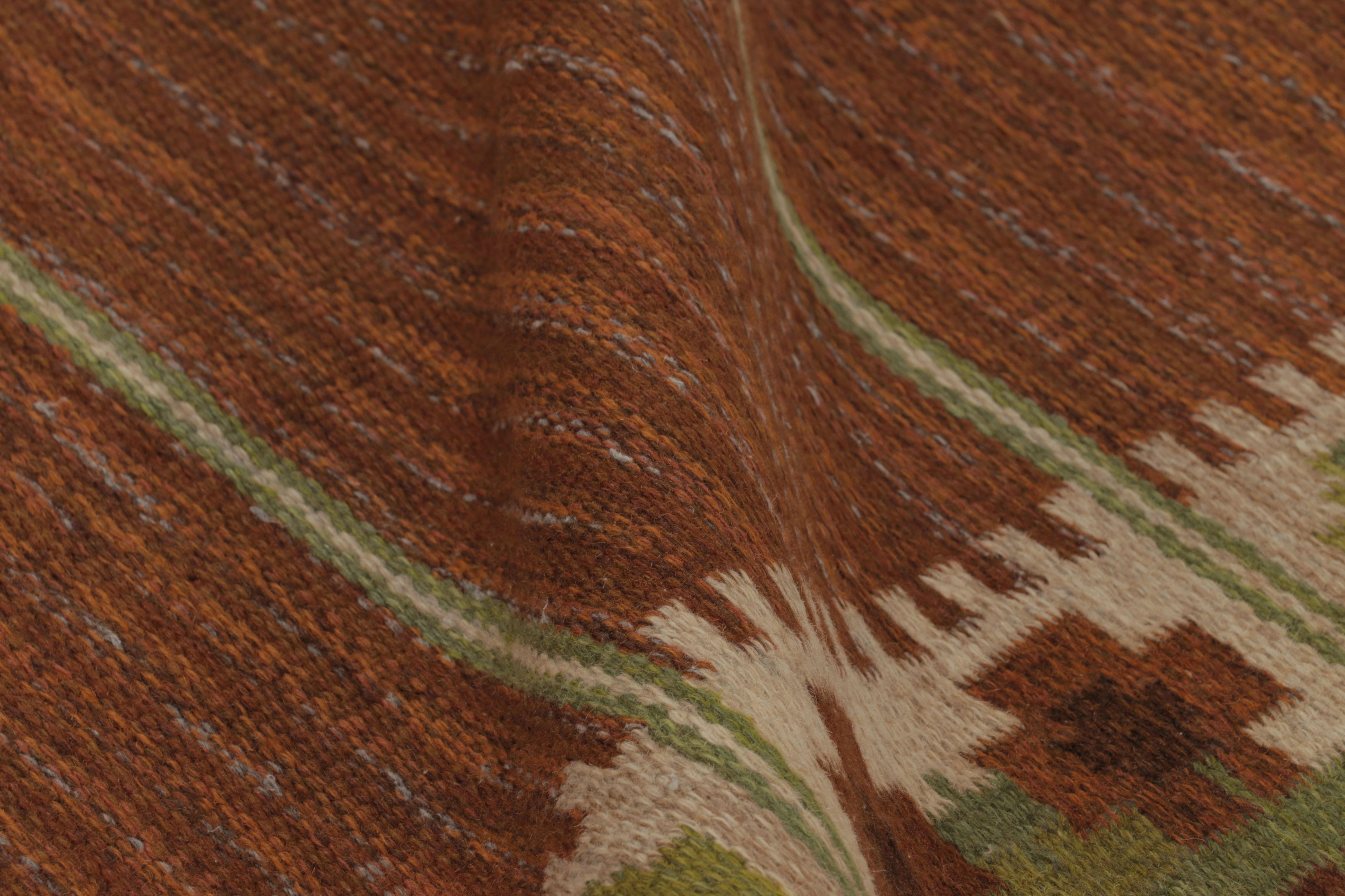 Vintage Swedish Rya Flatweave, Brown with Green Geometric Borders - Rug & Kilim For Sale 1