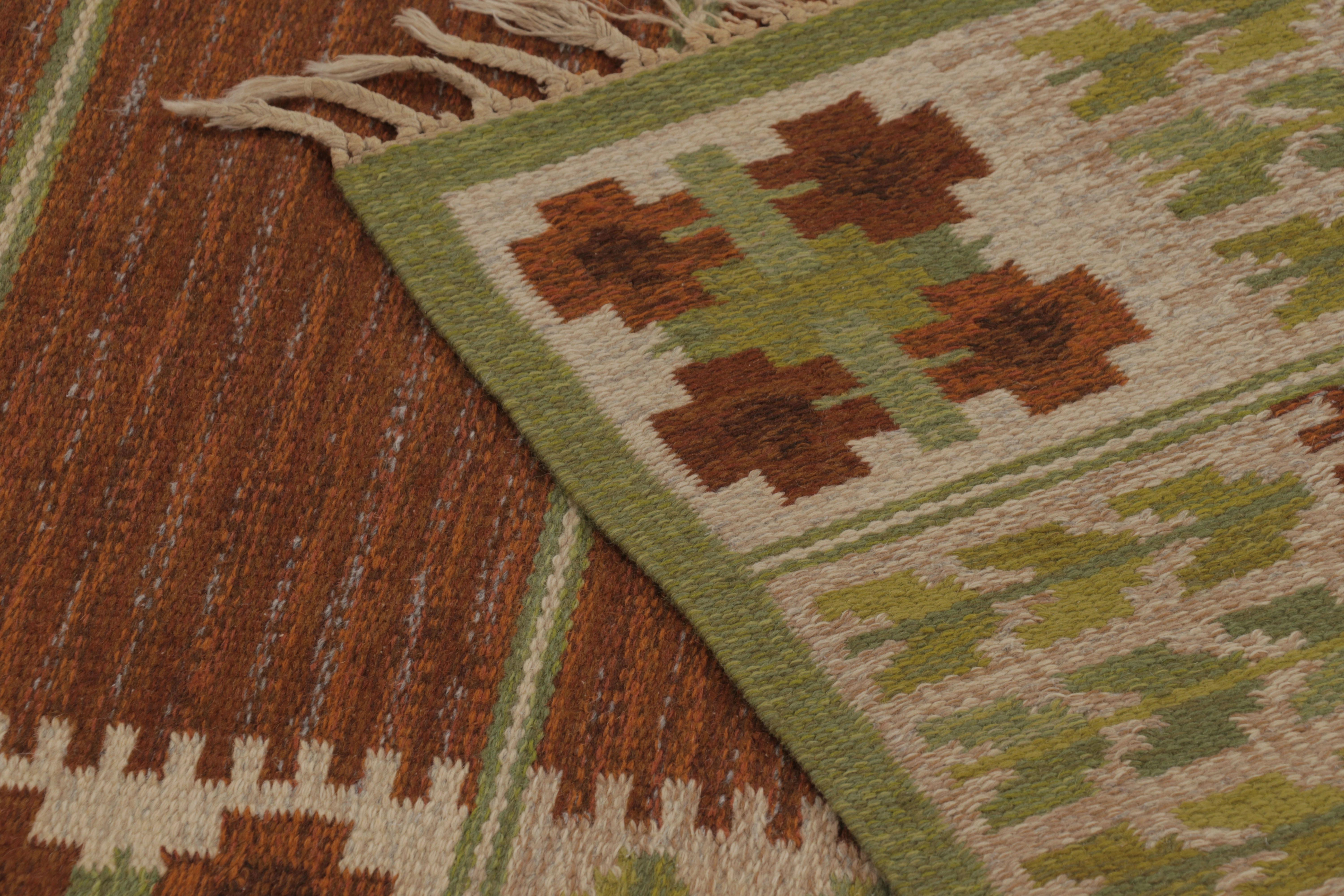Vintage Swedish Rya Flatweave, Brown with Green Geometric Borders - Rug & Kilim For Sale 2
