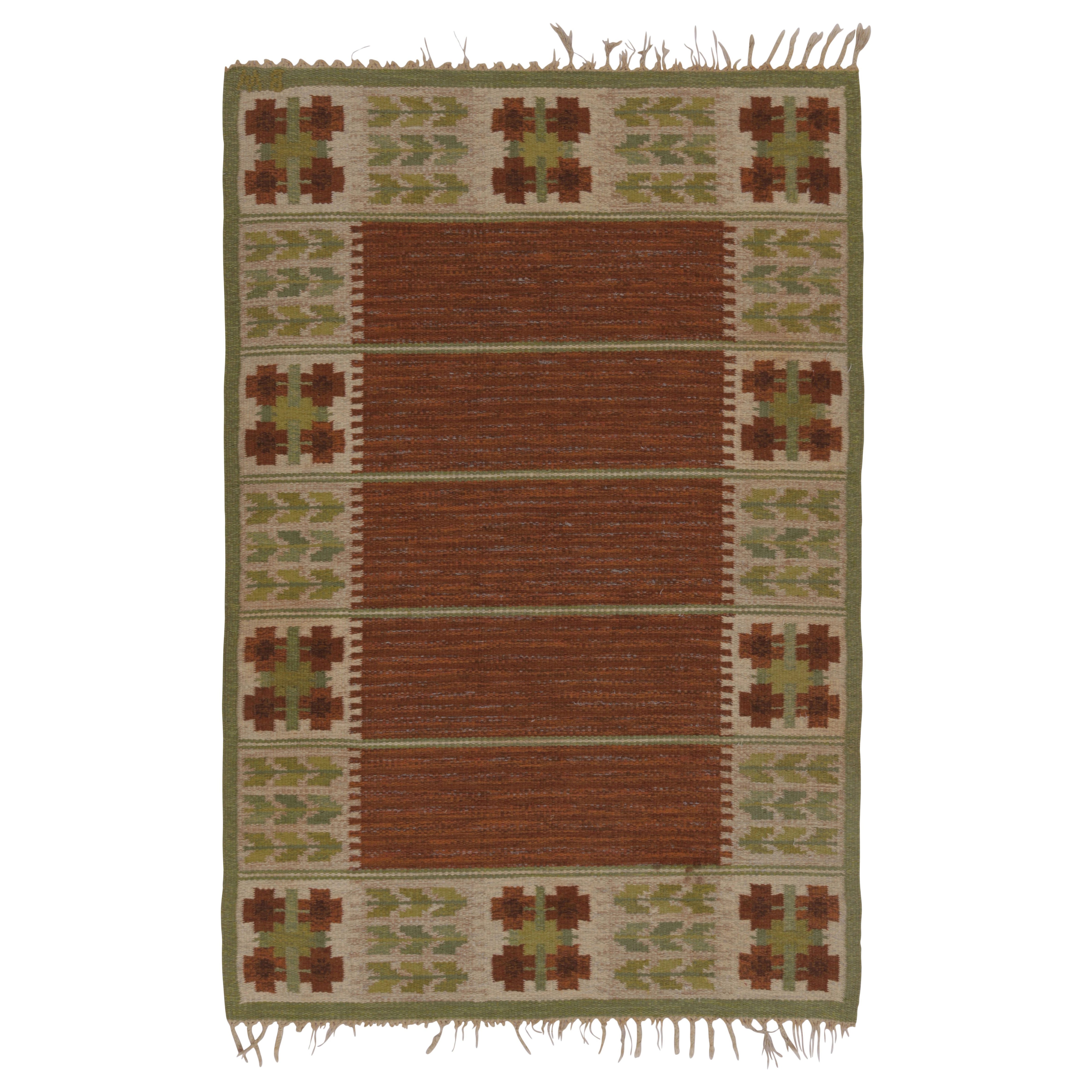 Vintage Swedish Rya Flatweave, Brown with Green Geometric Borders - Rug 
Kilim For Sale