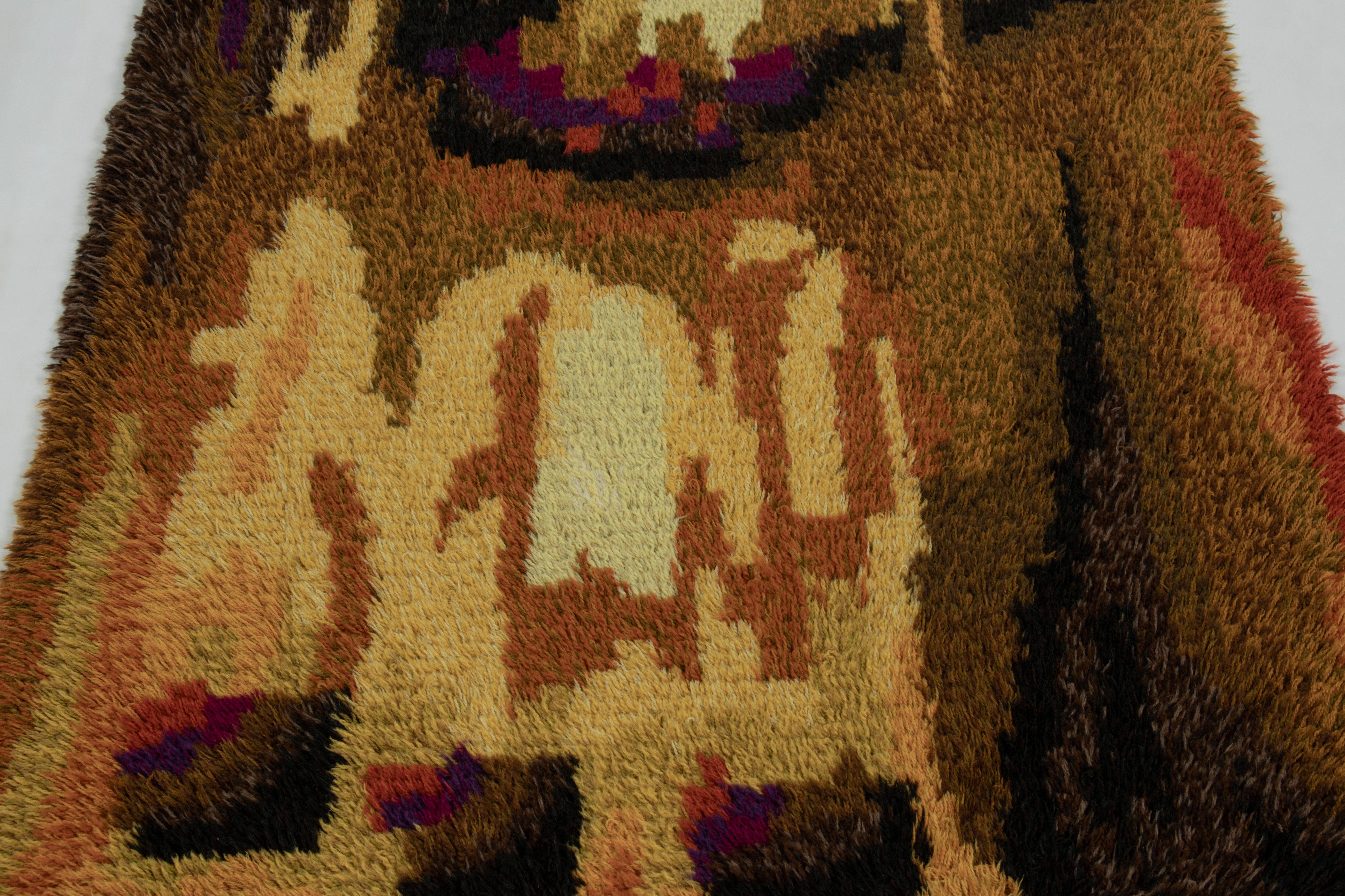 Hand-Knotted Vintage Swedish Rya Rug, Abstract Dissolving Forms in Earth Tones - Rug & Kilim For Sale