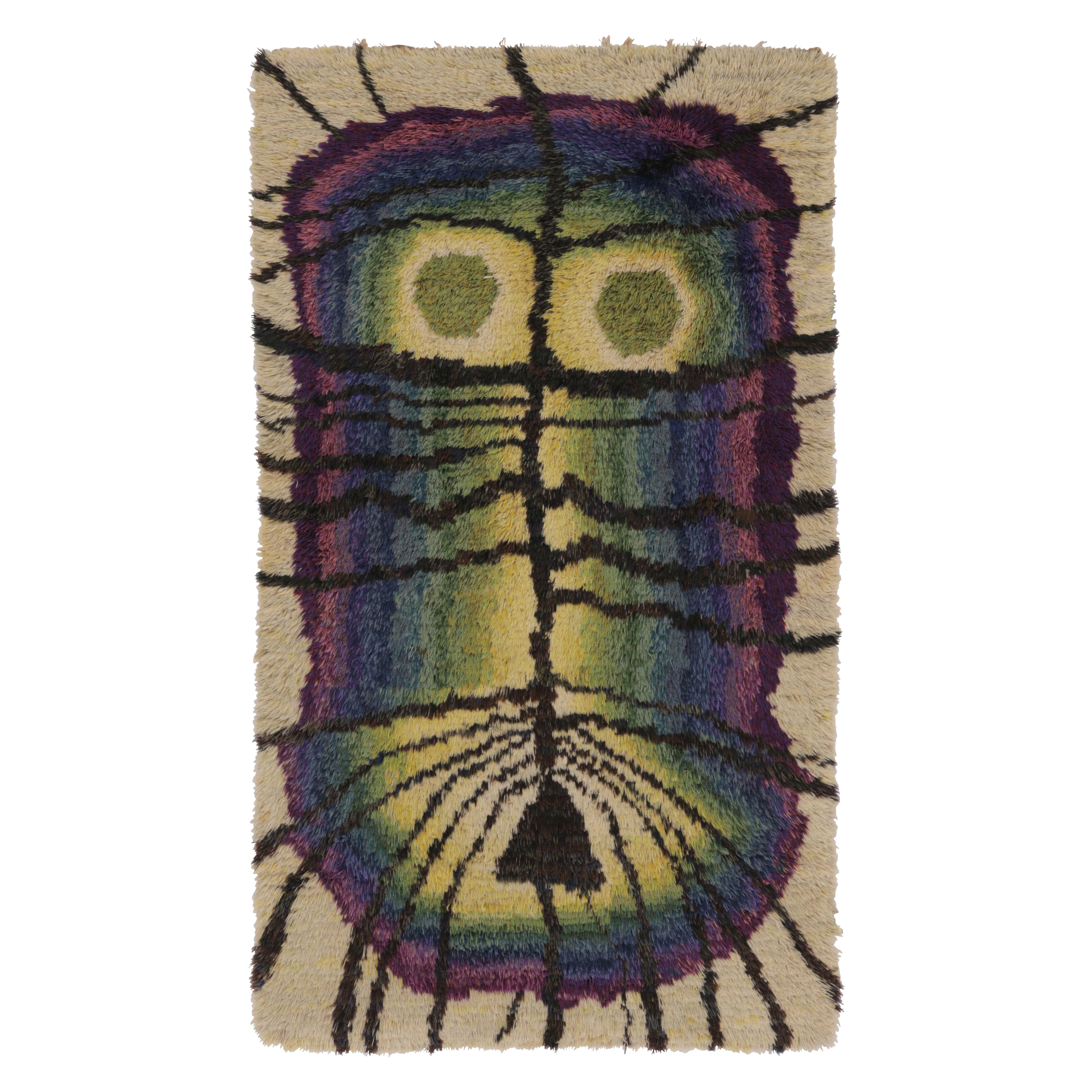 Vintage Swedish Rya Rug, Beige Bold Polychromatic Abstract Owl - Rug 
Kilim For Sale