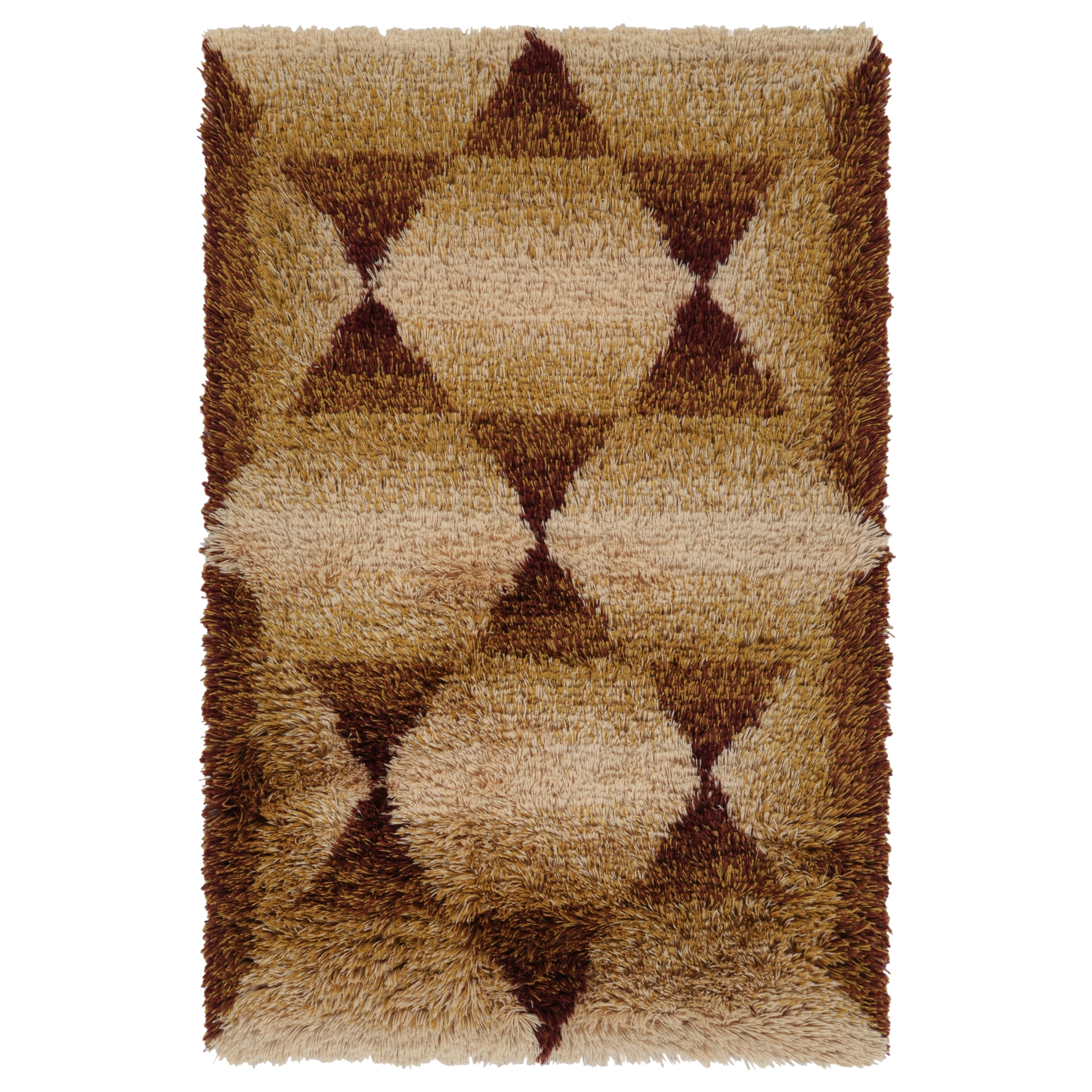 Tappeto Rya svedese vintage, beige-marrone con motivo geometrico scandinavo - Rug & Kilim