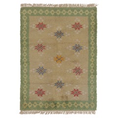 Retro Swedish Rya Rug, Beige with Scandinavian Floral Sprays - Rug & Kilim