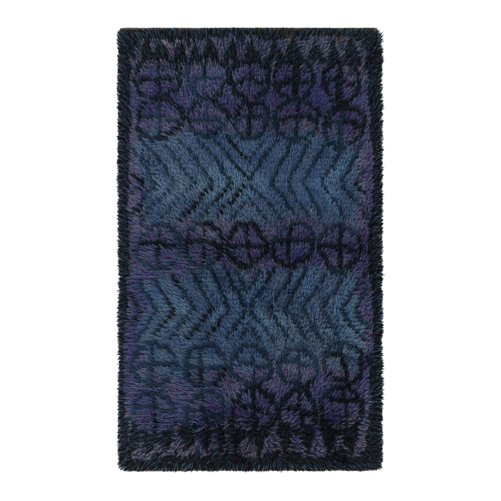Vintage Swedish Rya Rug, Black and Blue Abstract Design - Rug & Kilim