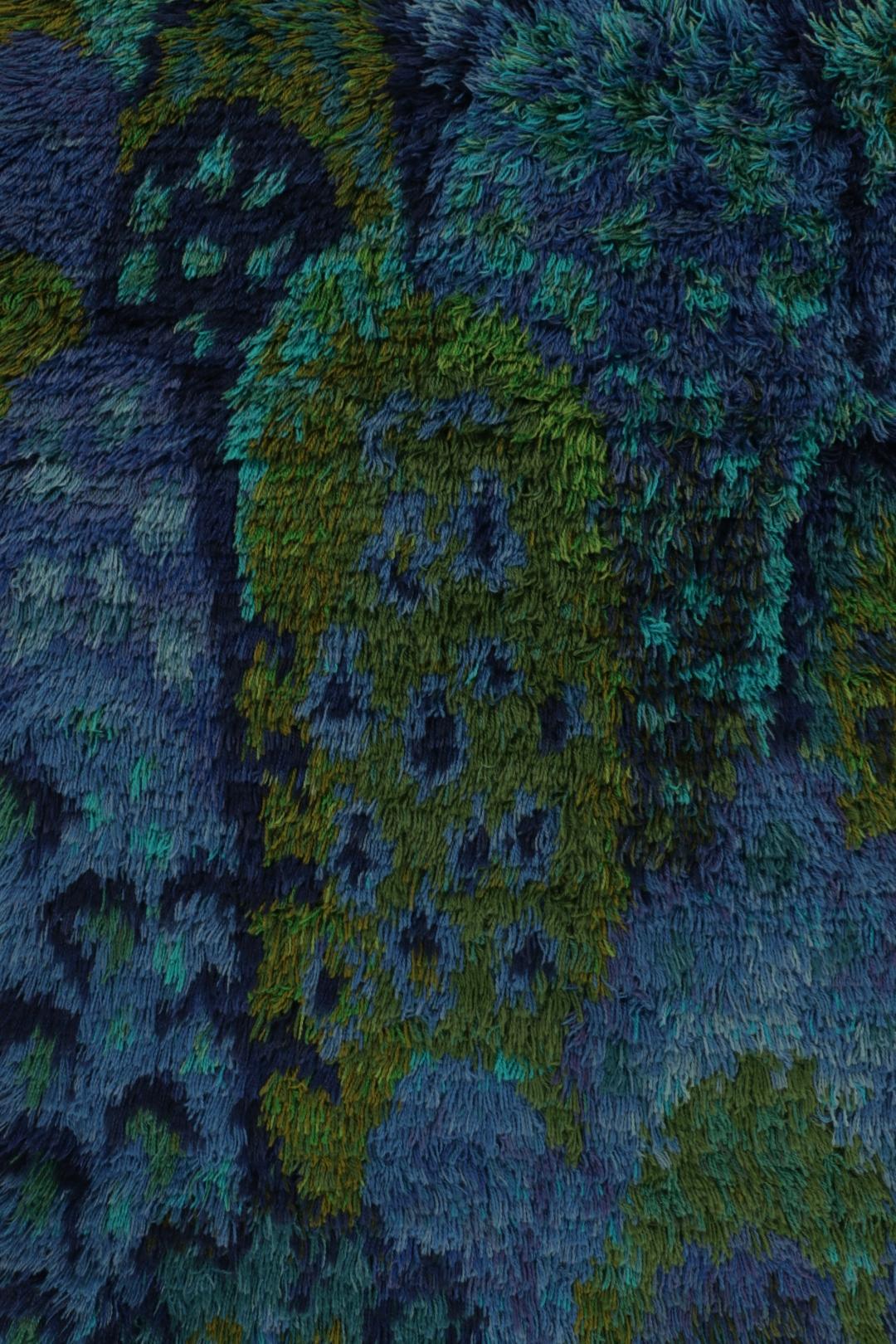 Suédois Tapis Rya suédois vintage, motif scandinave bleu et vert - Rug & Greene en vente