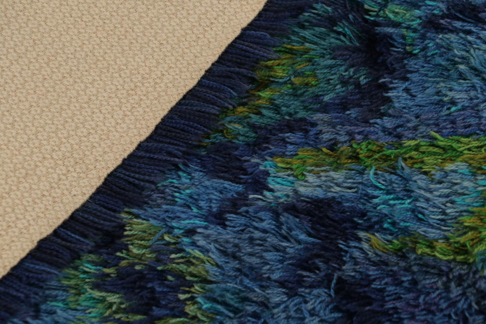 Tapis Rya suédois vintage, motif scandinave bleu et vert - Rug & Greene Bon état - En vente à Long Island City, NY