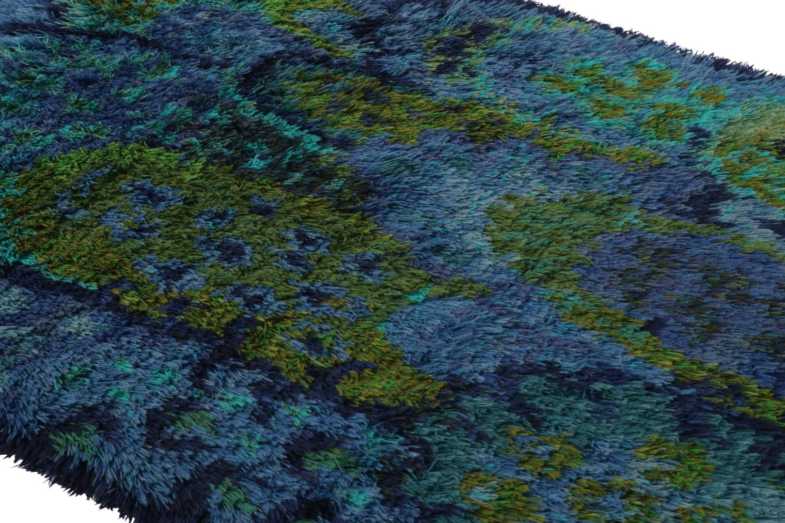 Milieu du XVIIe siècle Tapis Rya suédois vintage, motif scandinave bleu et vert - Rug & Greene en vente