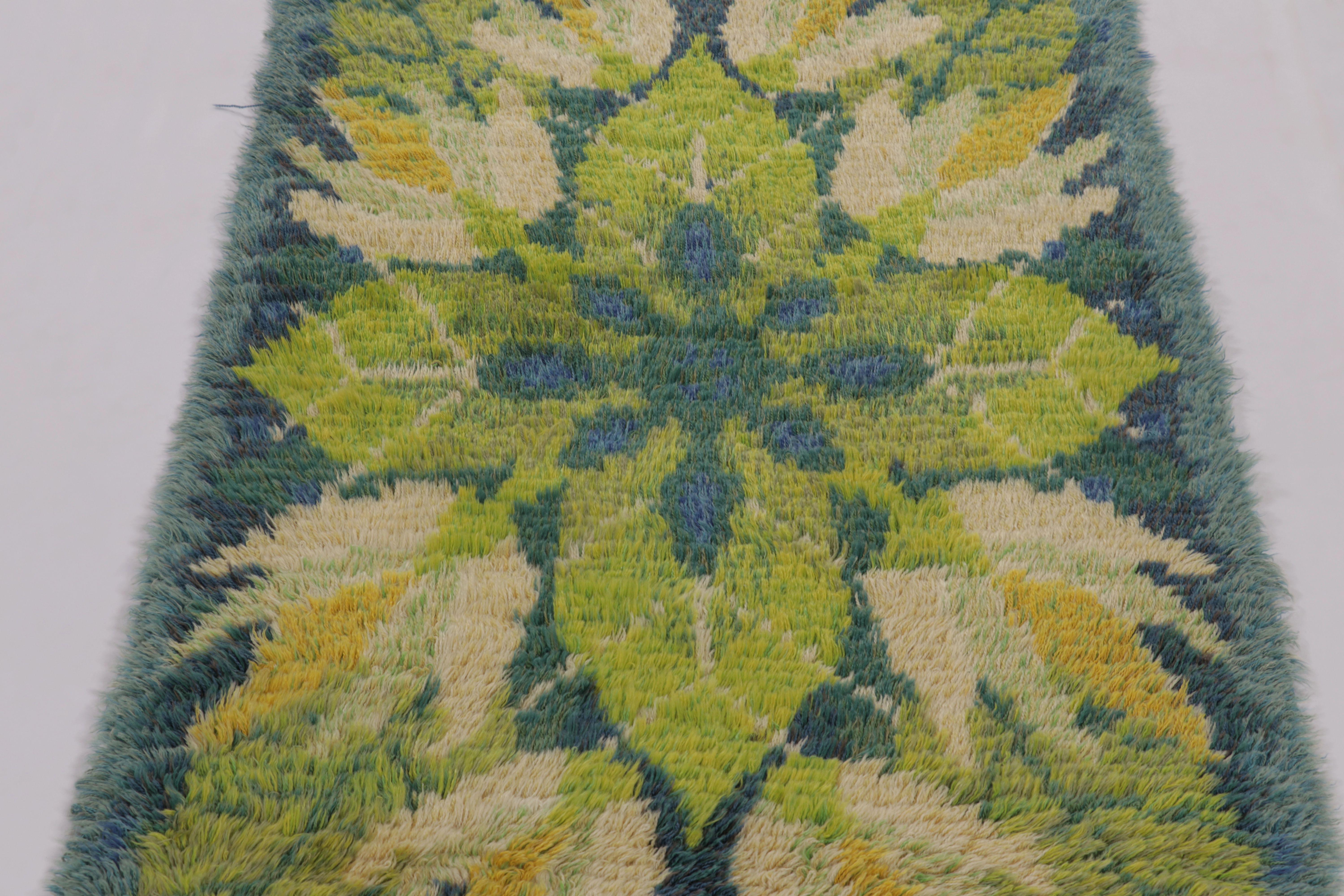 Schwedischer Vintage-Teppich Rya, blau mit skandinavischen geometrischen Mustern - Rug & Kilim (Handgeknüpft) im Angebot