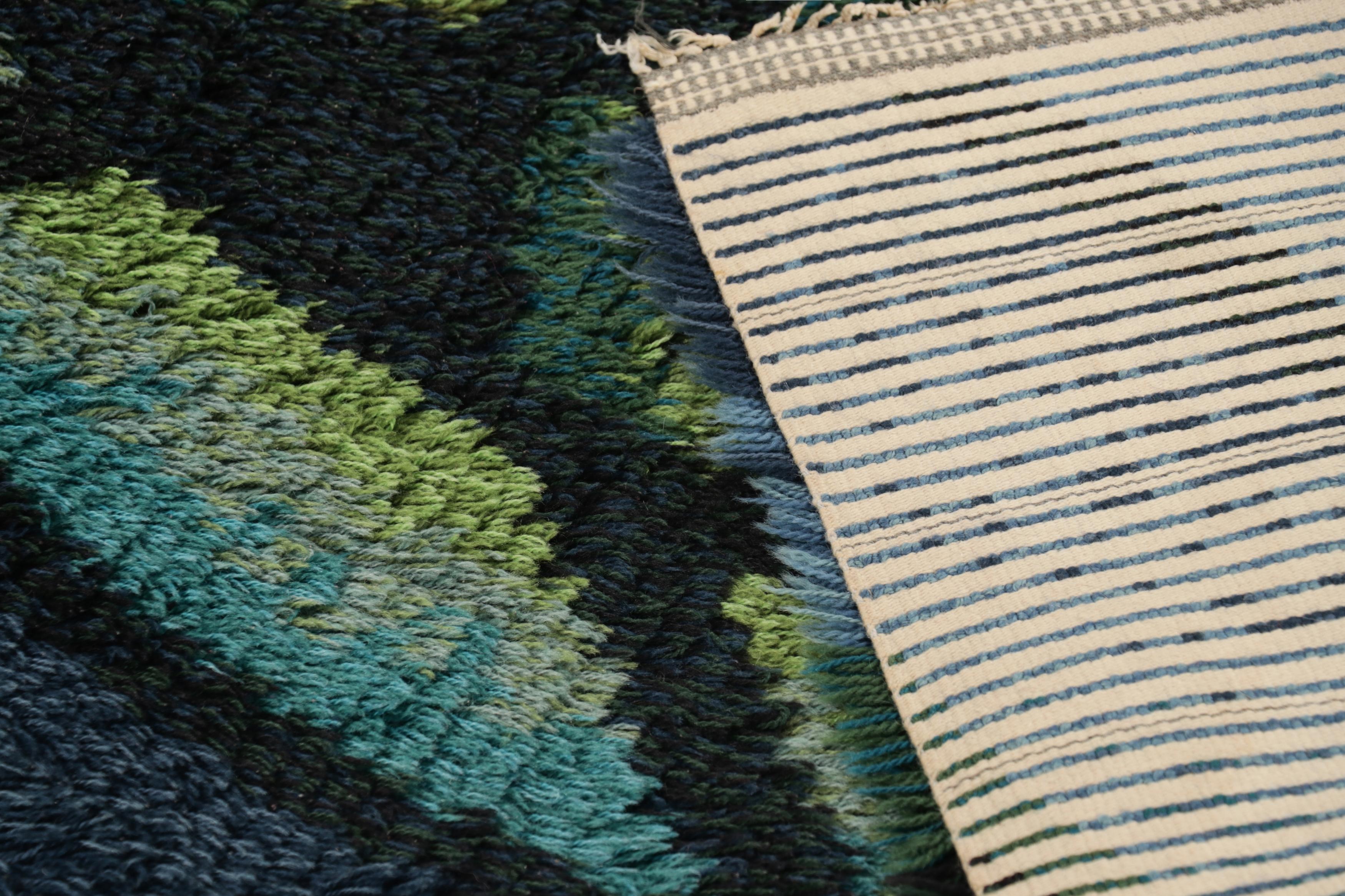 Laine Vintage Swedish Rya Rug, Blue with Scandinavian Geometric Patterns - Rug & Kilim en vente