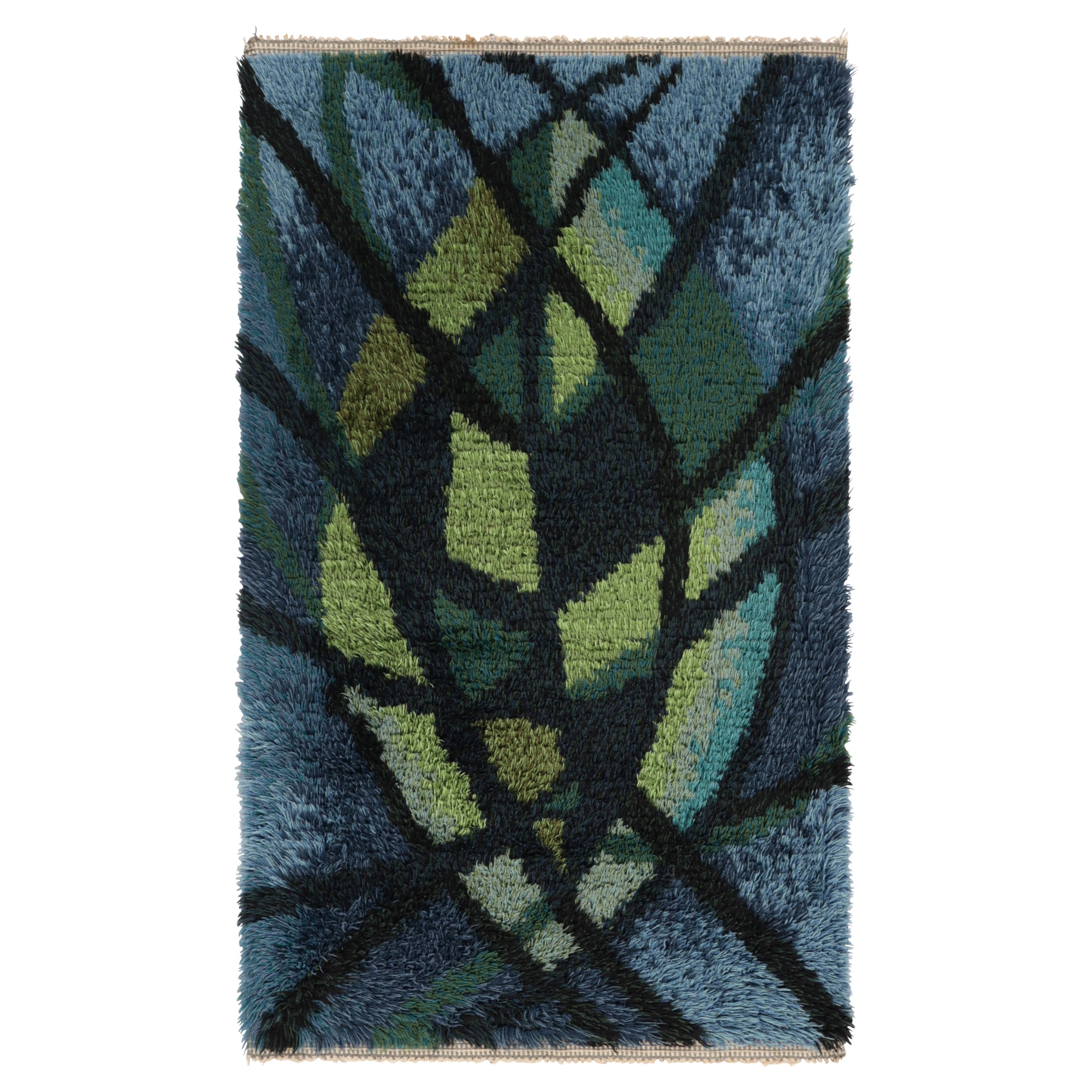 Tappeto vintage svedese Rya, blu con motivi geometrici scandinavi - Rug & Kilim
