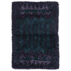 Vintage Swedish Rya Rug, Blue with Scandinavian Geometric Patterns - Rug & Kilim