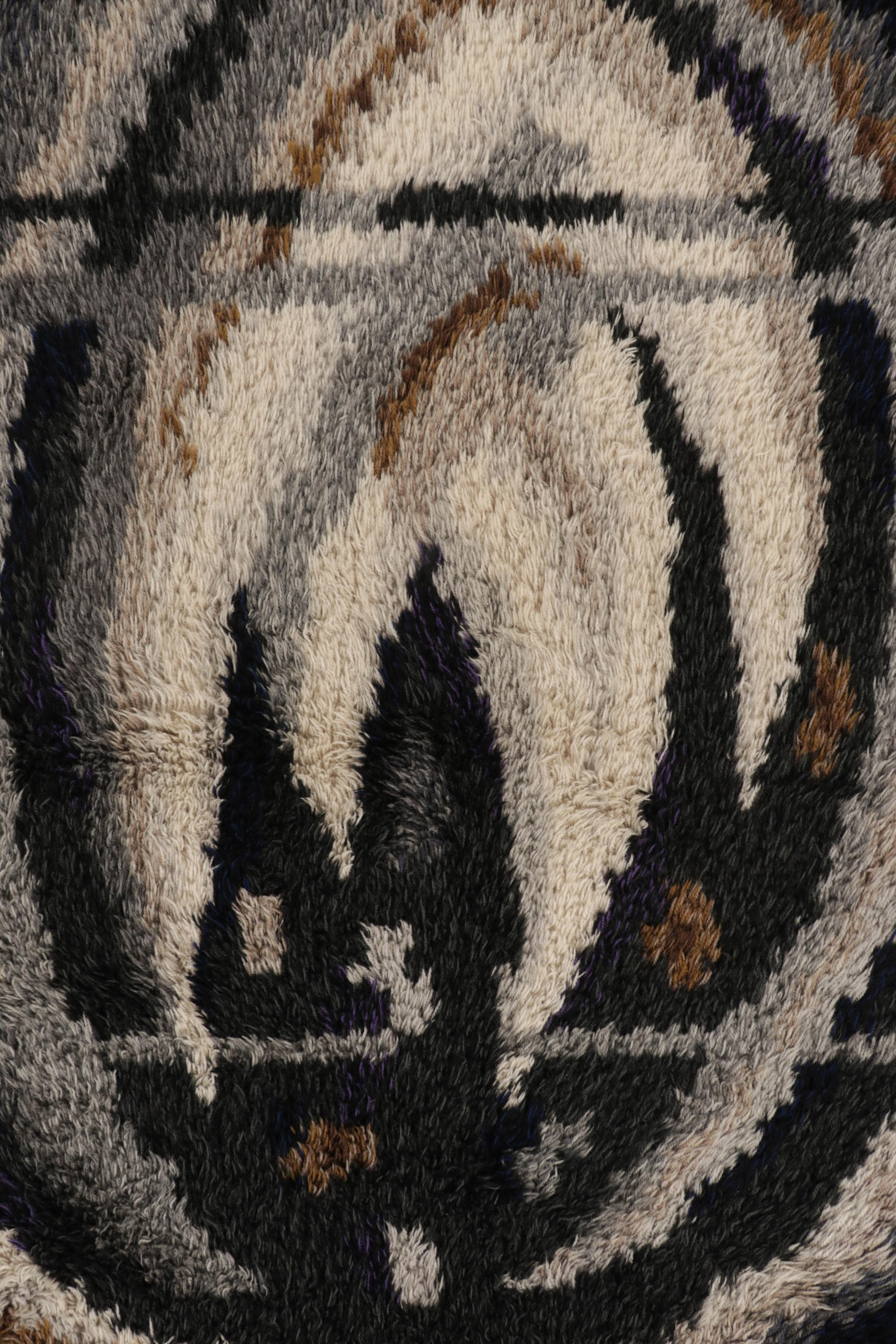 Alfombra sueca vintage Rya, atrevidos motivos geométricos grises escandinavos - Rug & Kilim Anudado a mano en venta