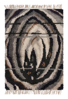 Alfombra sueca vintage Rya, atrevidos motivos geométricos grises escandinavos - Rug & Kilim